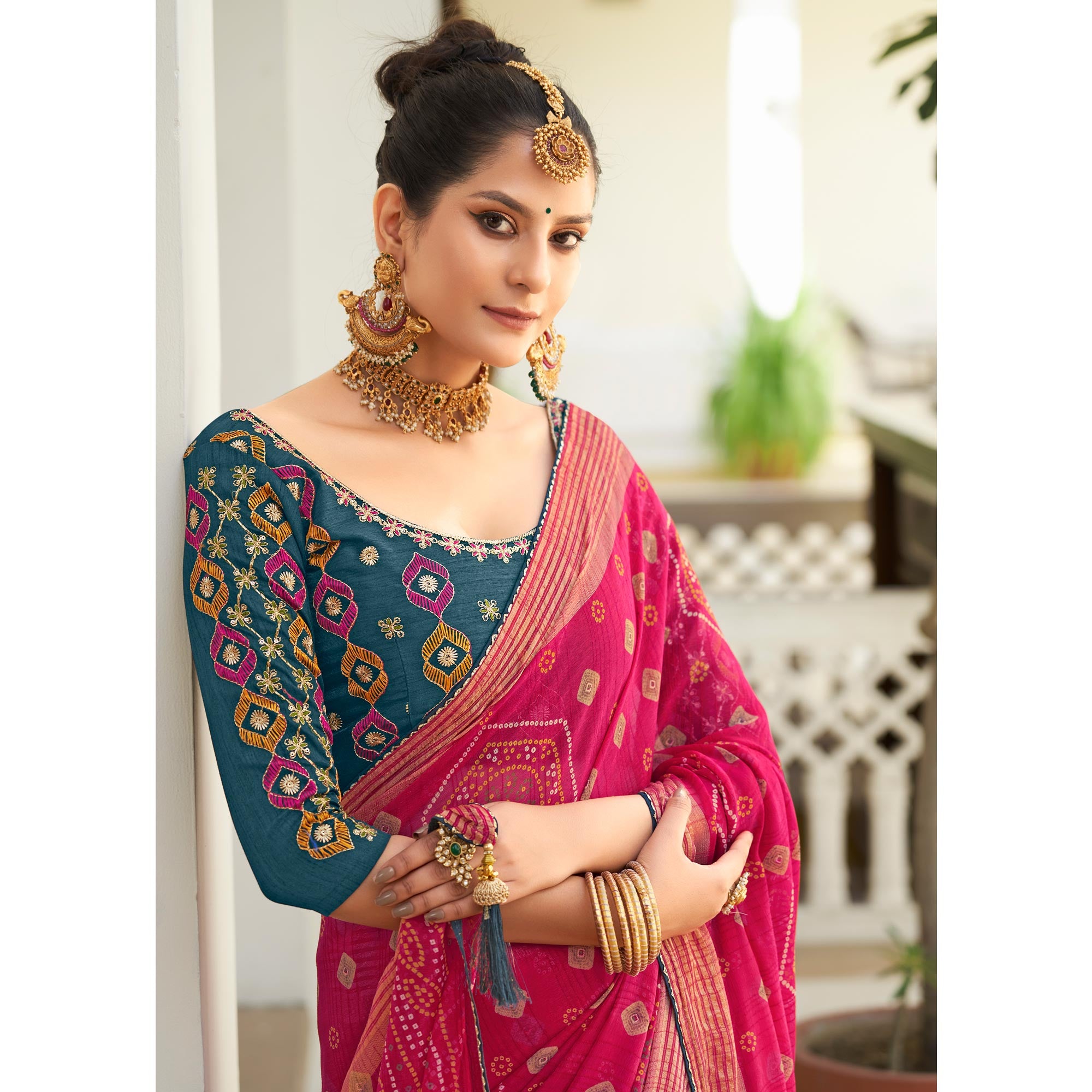 Pink Bandhani Printed Chiffon Saree With Tassels