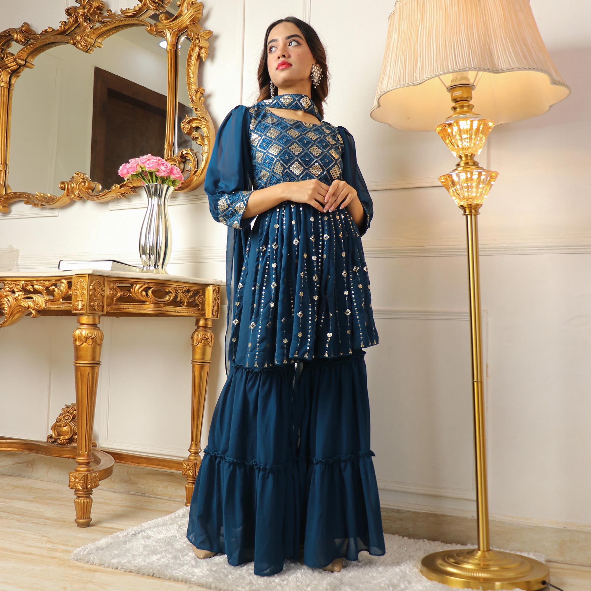 Blue Sequins Embroidered Georgette Sharara Suit