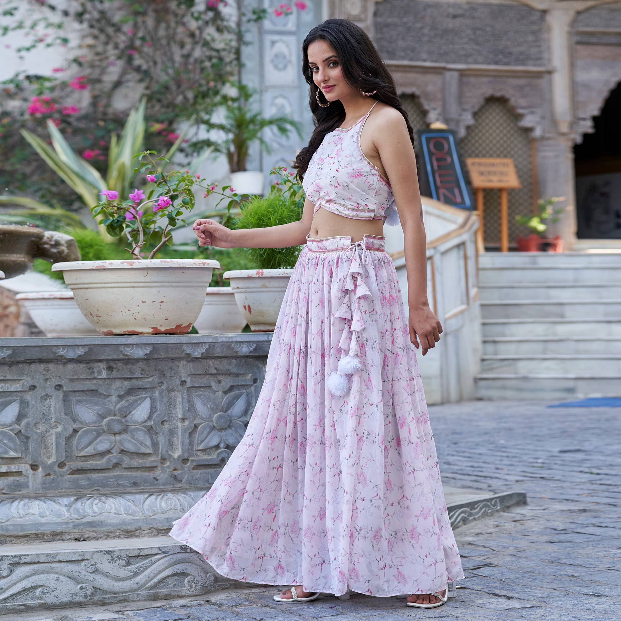 Pink & White Floral Printed Georgette Crop Top Lehenga