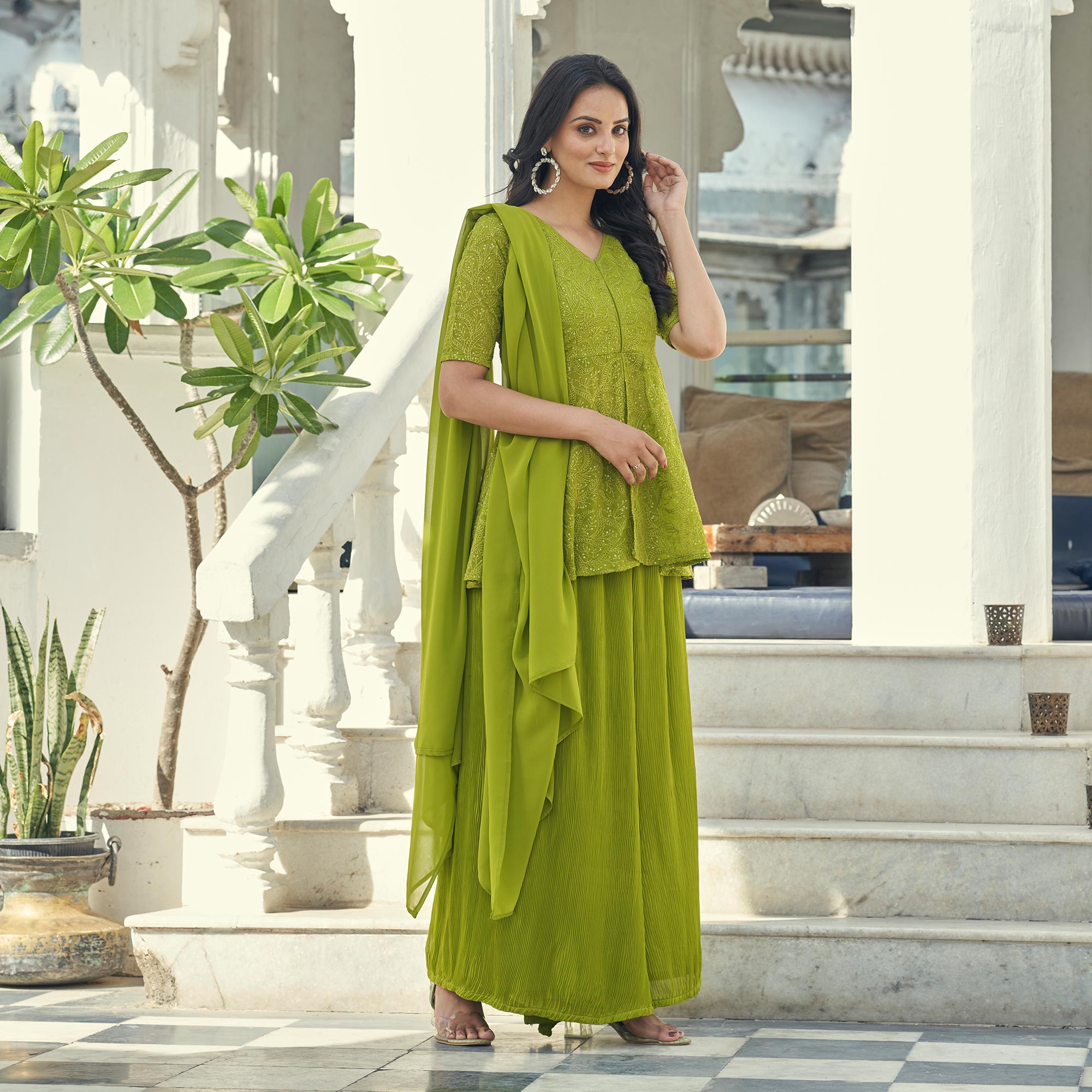 Green Sequins Embroidered Georgette Palazzo Suit