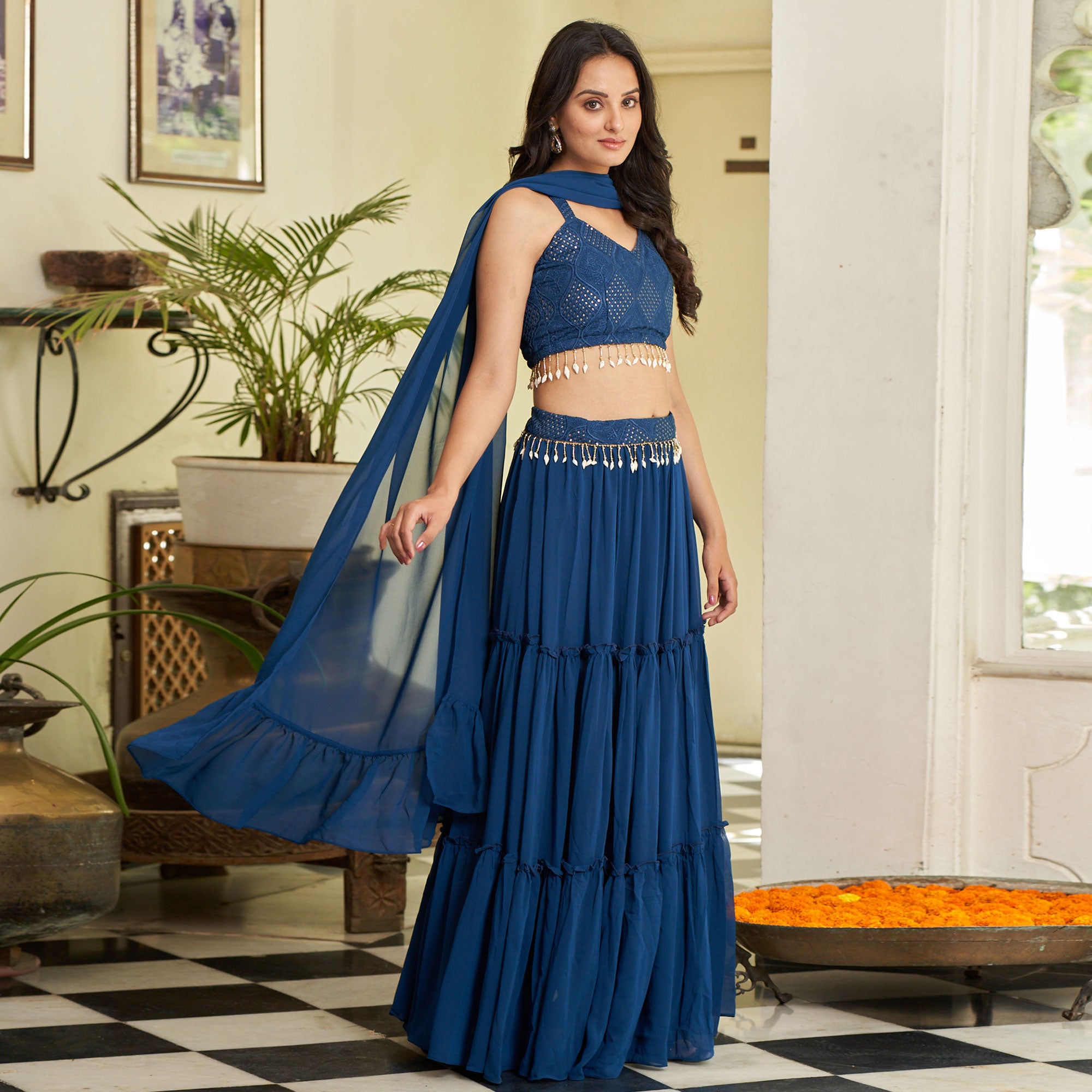 Blue Embroidered Georgette Lehenga Choli