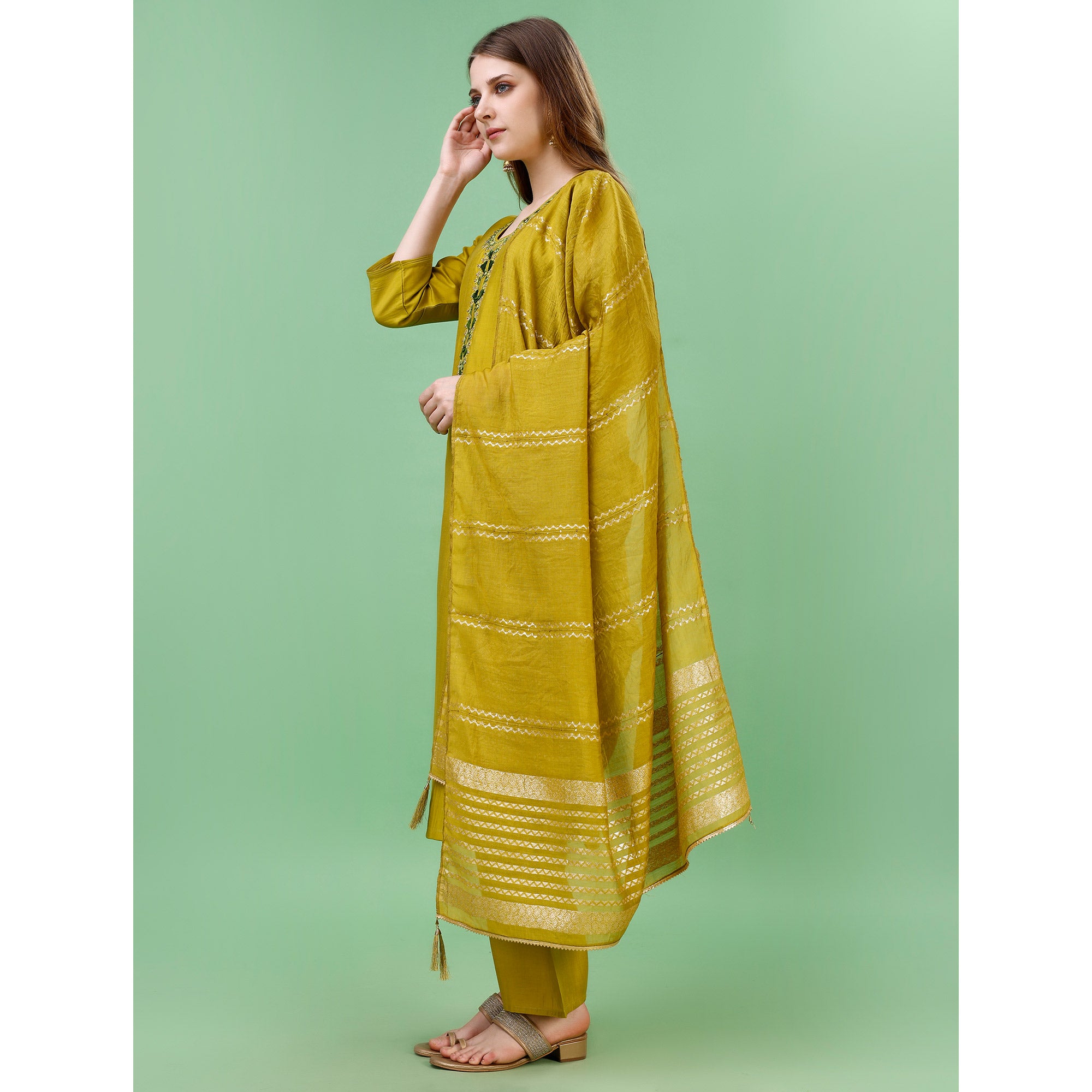 Mehendi Green Mirror Embroidered Viscose Salwar Suit