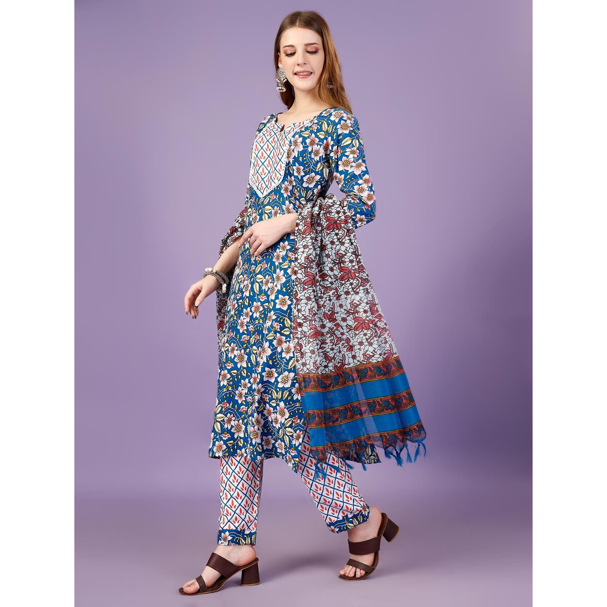 Blue Floral Printed Viscose Salwar Suit