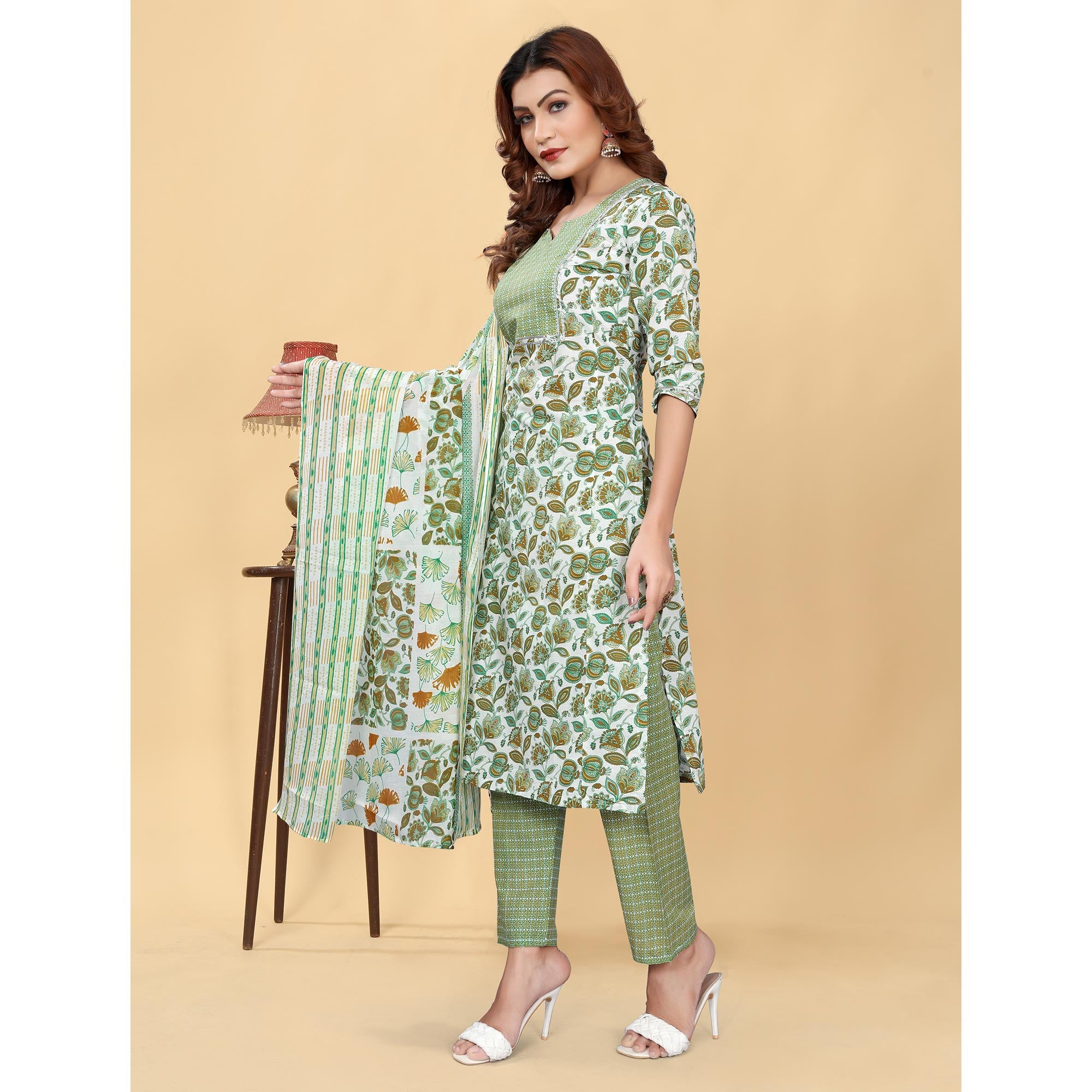Light Green Floral Printed Cotton Blend Salwar Suit