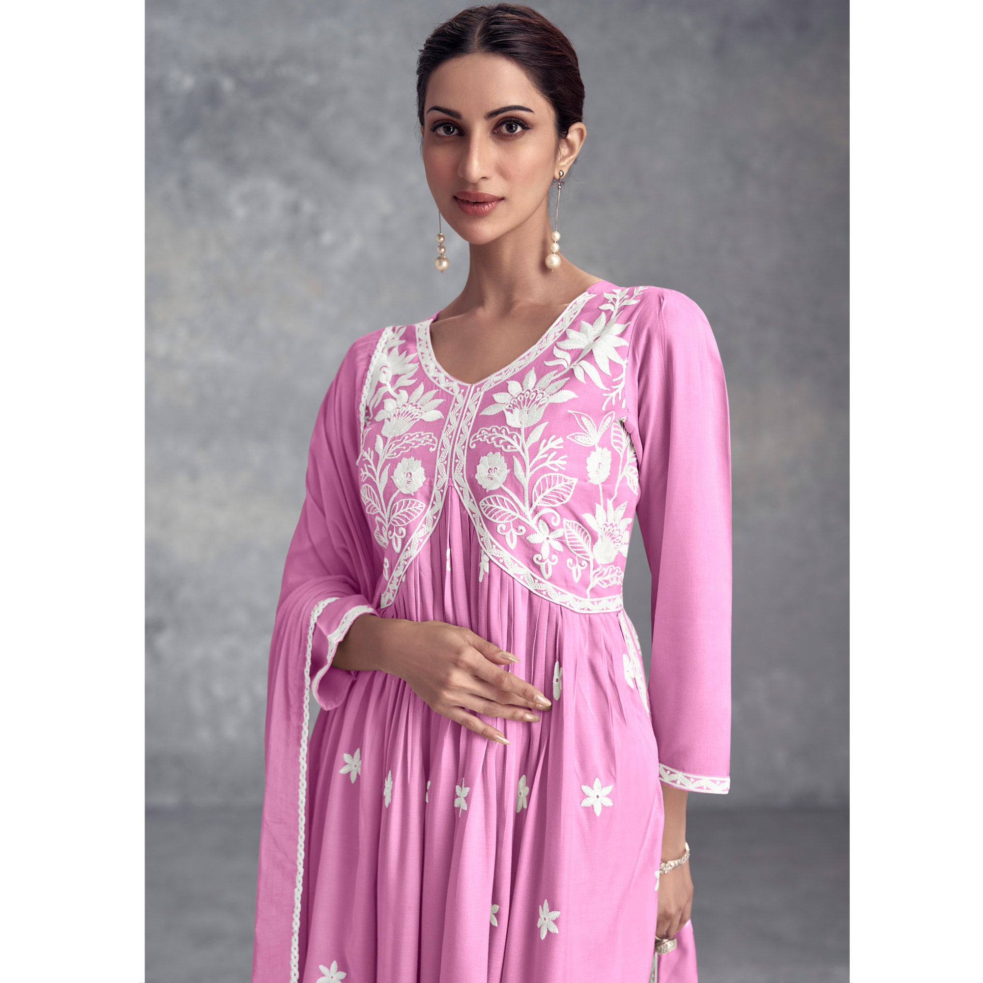 Pink Floral Embroidered Rayon Salwar Suit