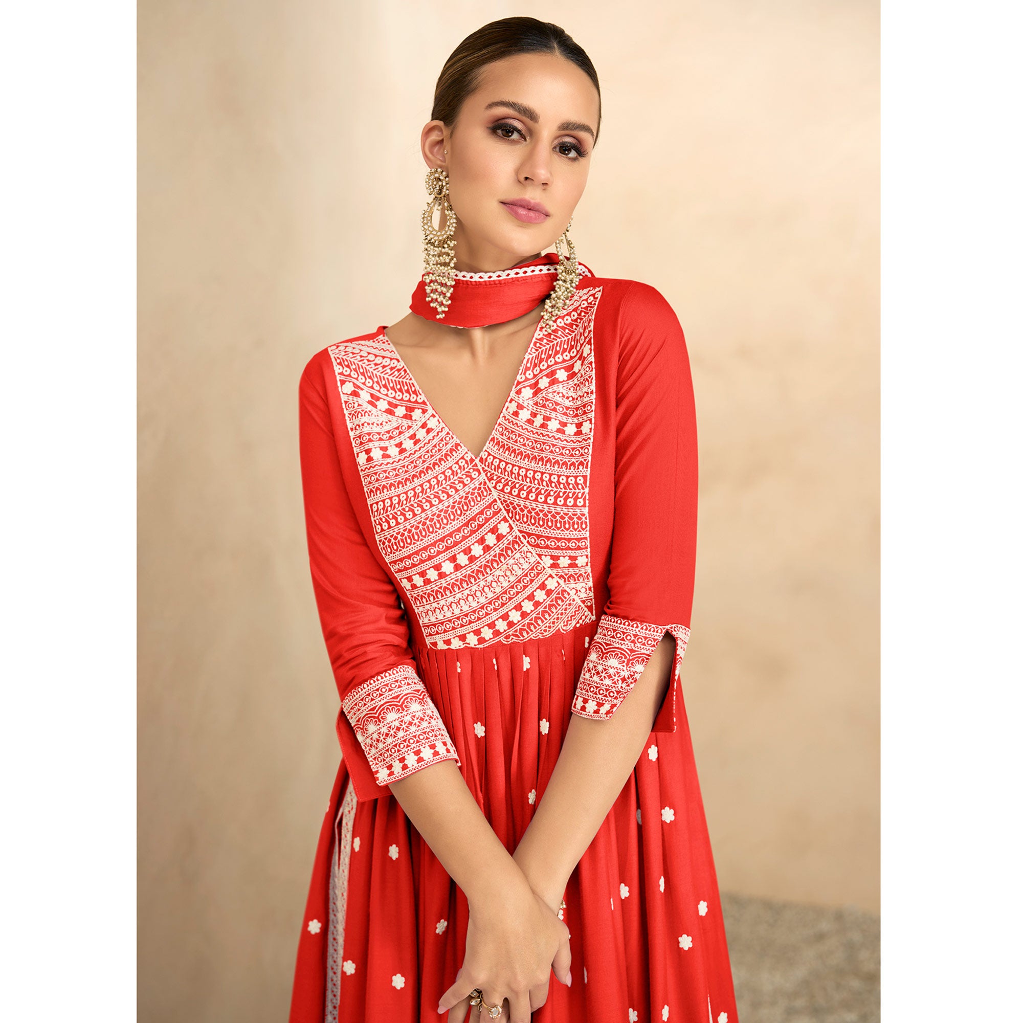 Red Lucknowi Work Rayon Naira Cut Suit