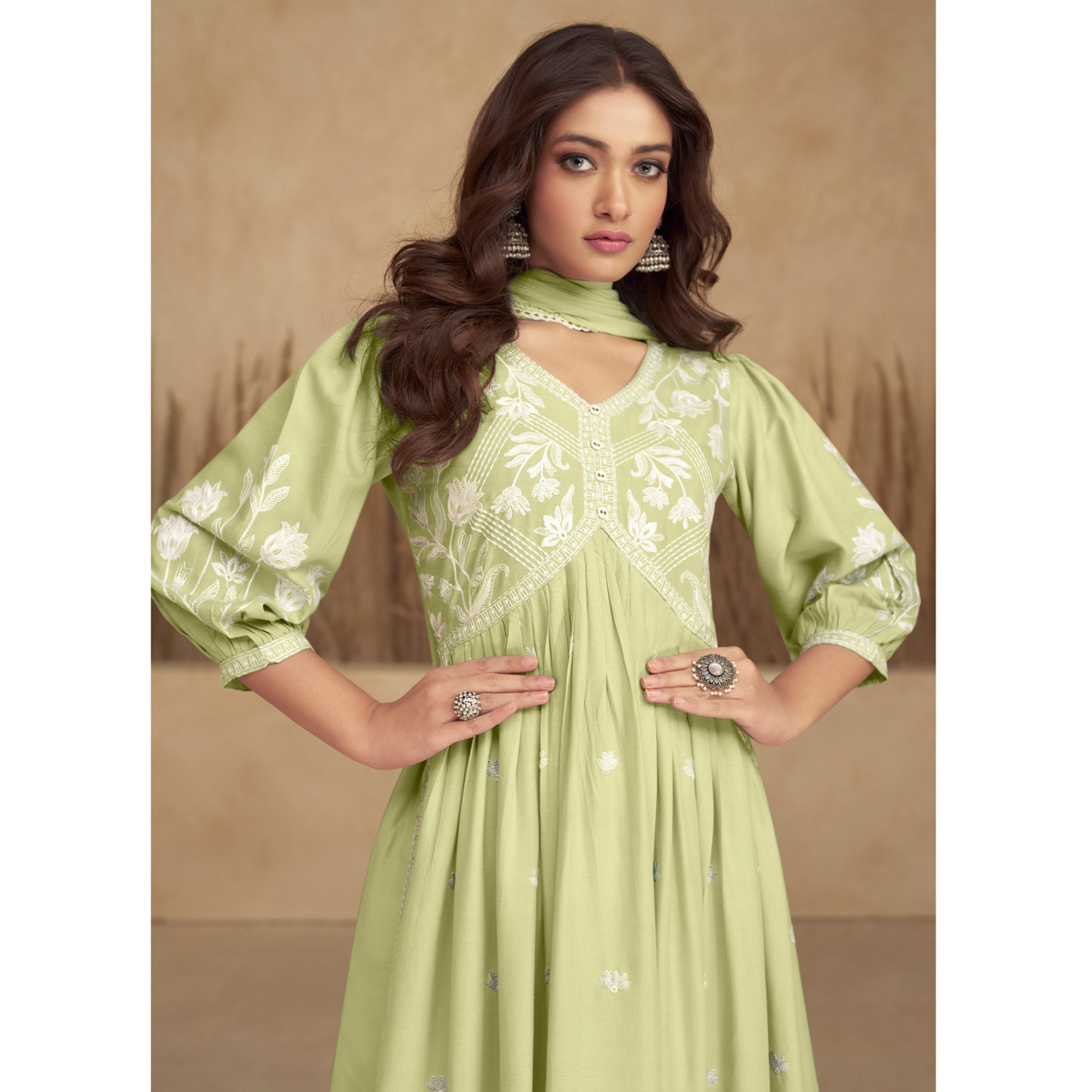 Green Lucknowi Embroidered Rayon Alia Cut Suit