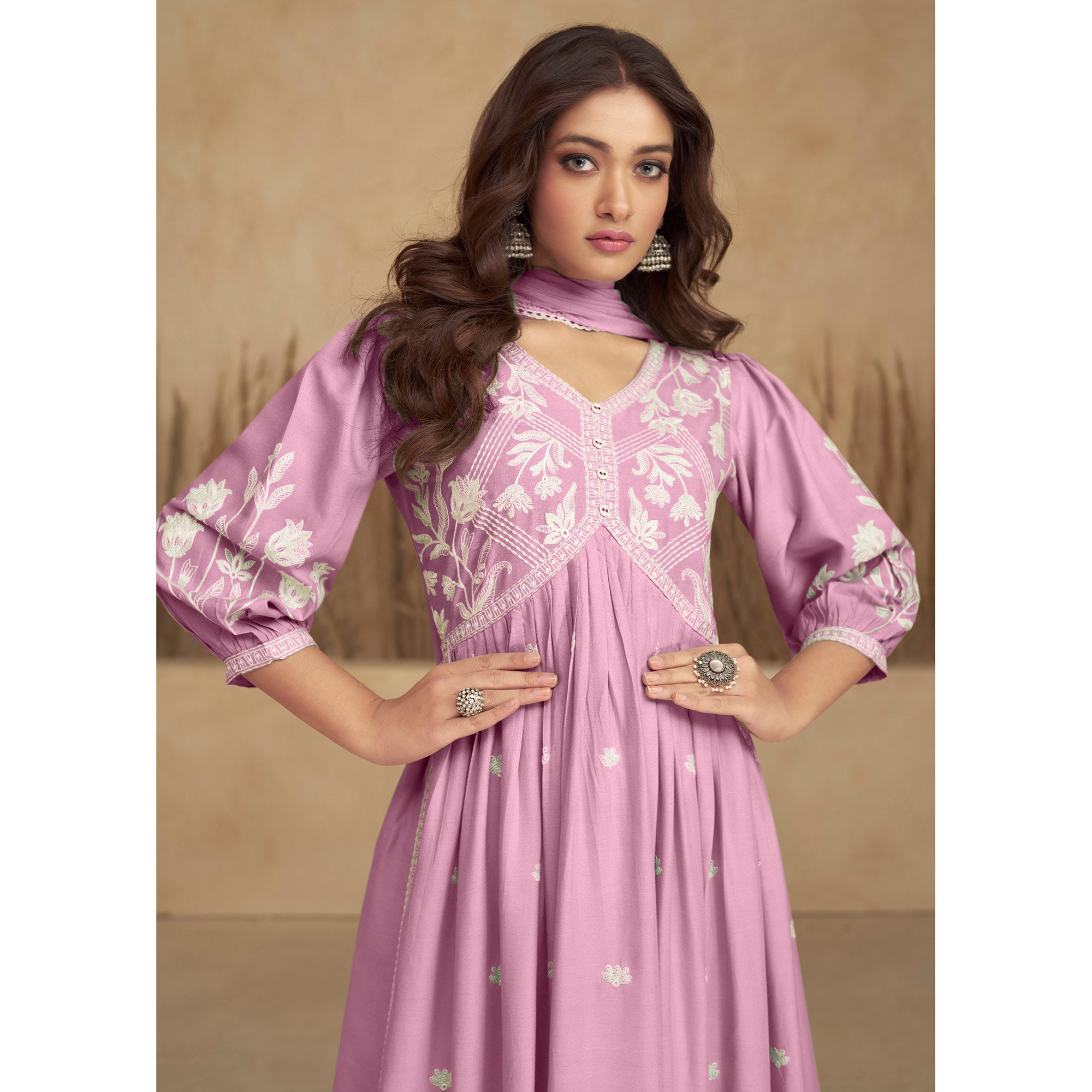 Pink Lucknowi Embroidered Rayon Alia Cut Suit