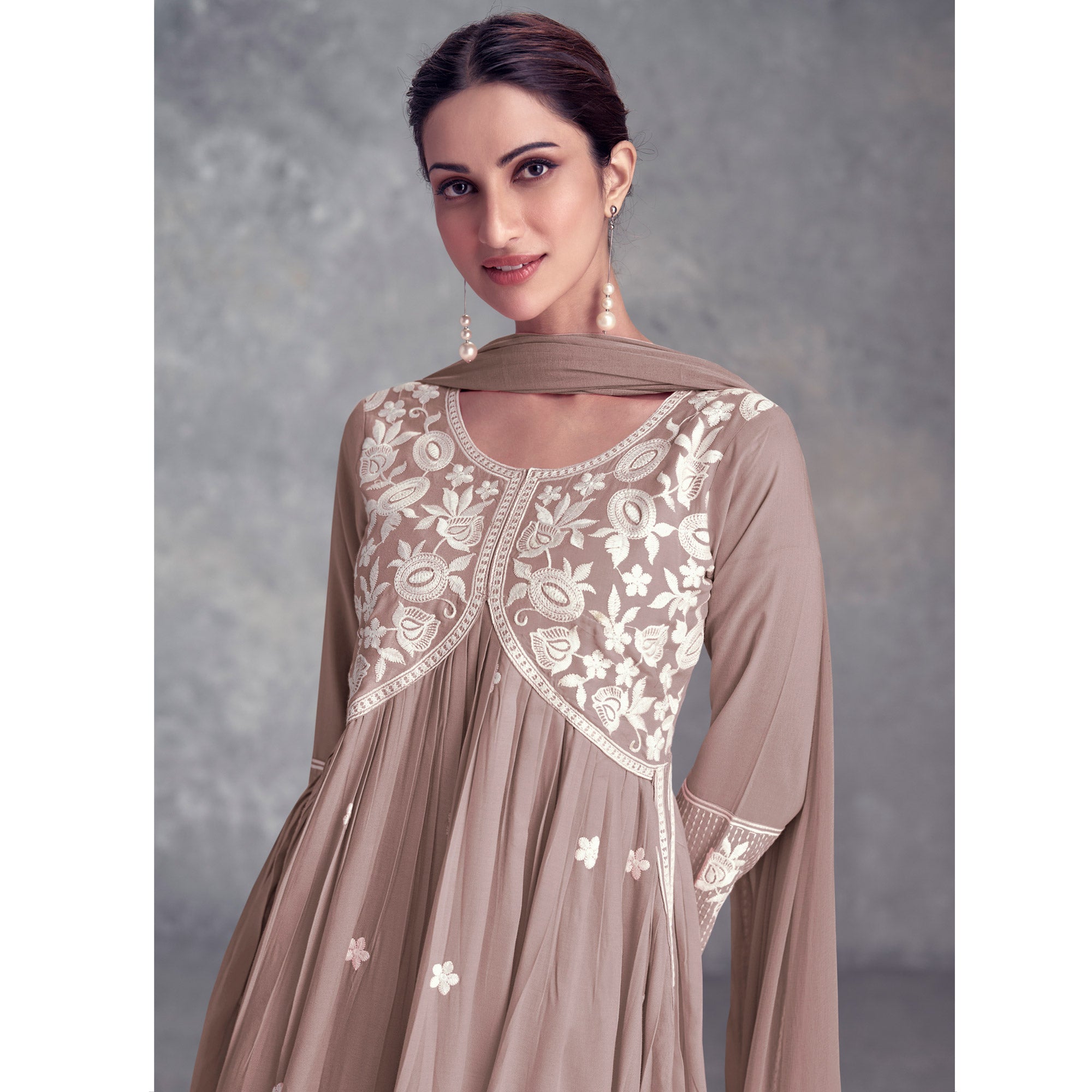 Rosy Brown Floral Embroidered Rayon Salwar Suit