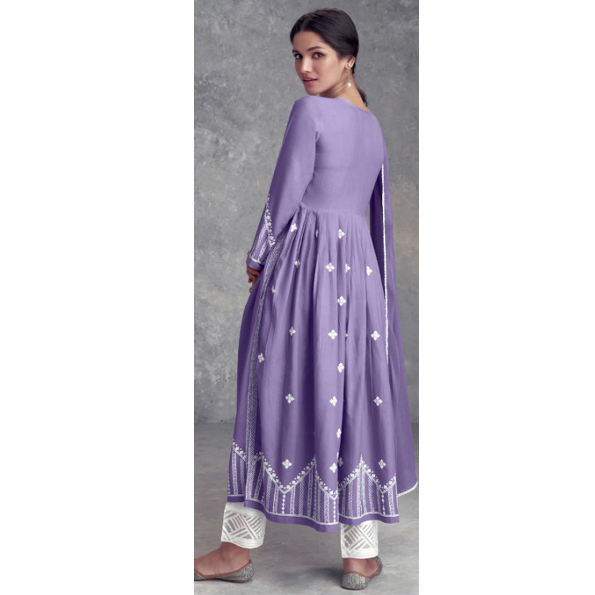 Light Purple Lucknowi Embroidered Rayon Naira Cut Suit