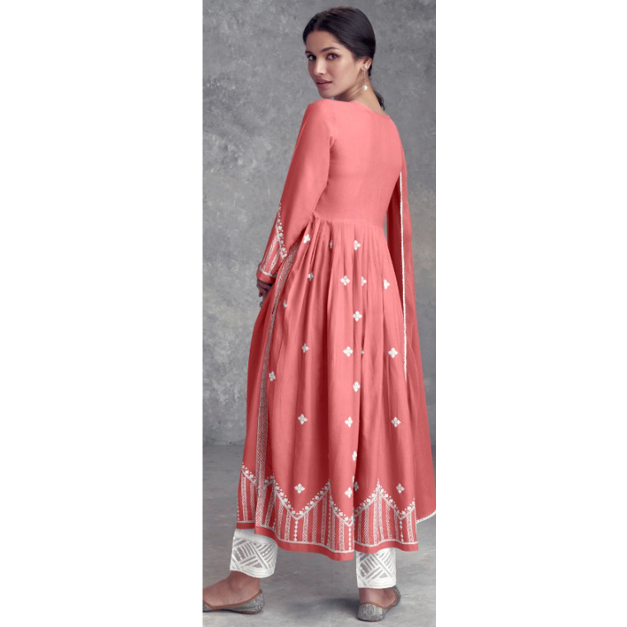 Peach Lucknowi Embroidered Rayon Naira Cut Suit