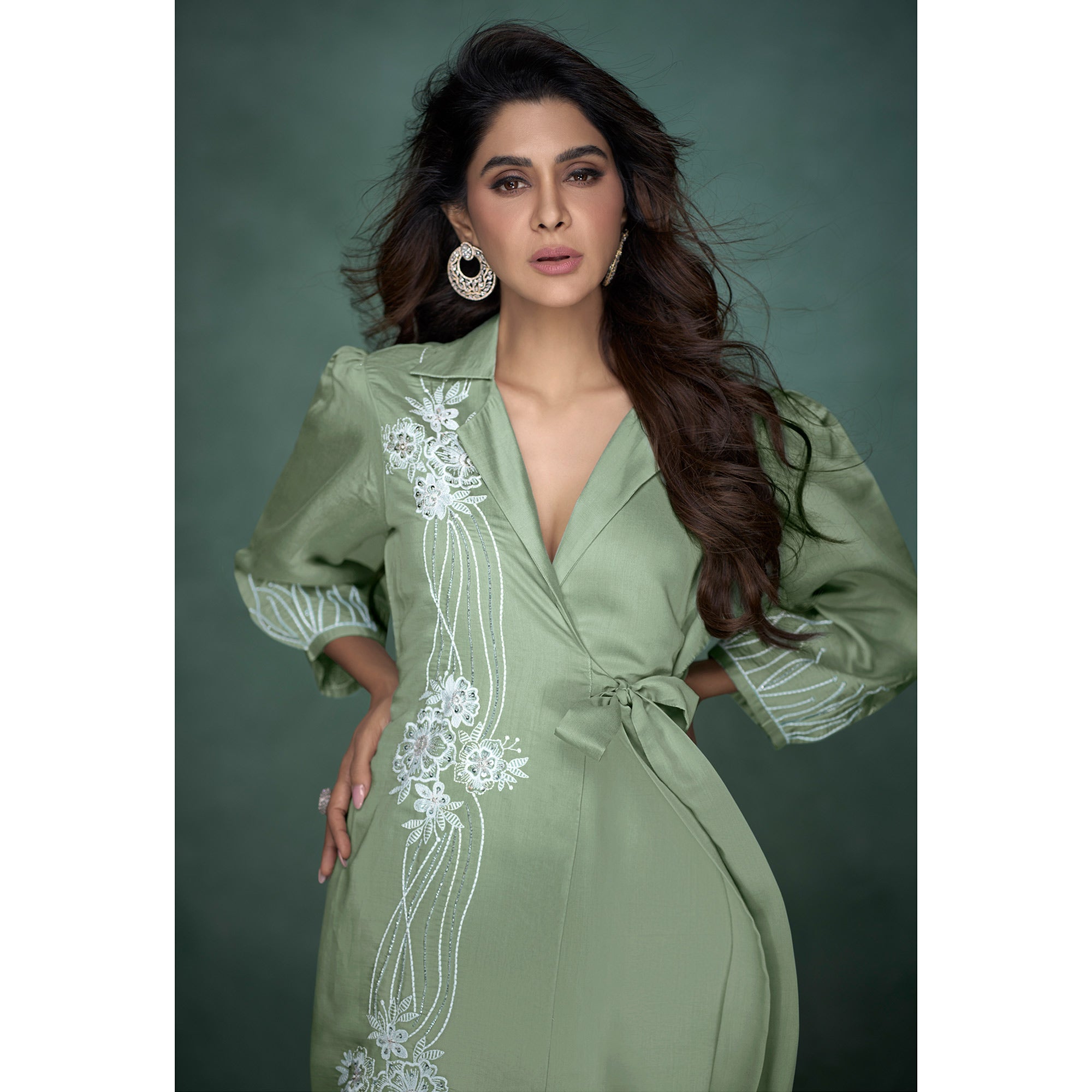 Green Floral Embroidered With Handwork Viscose Co Ord Set