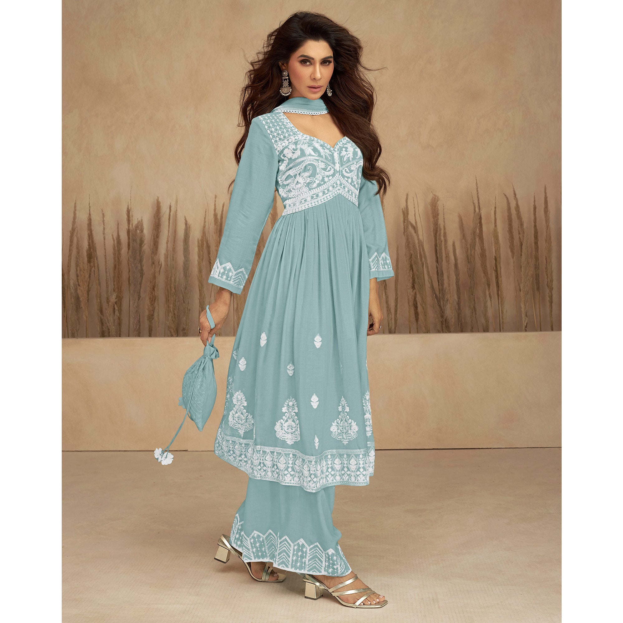 Blue Floral Embroidered Rayon Suit