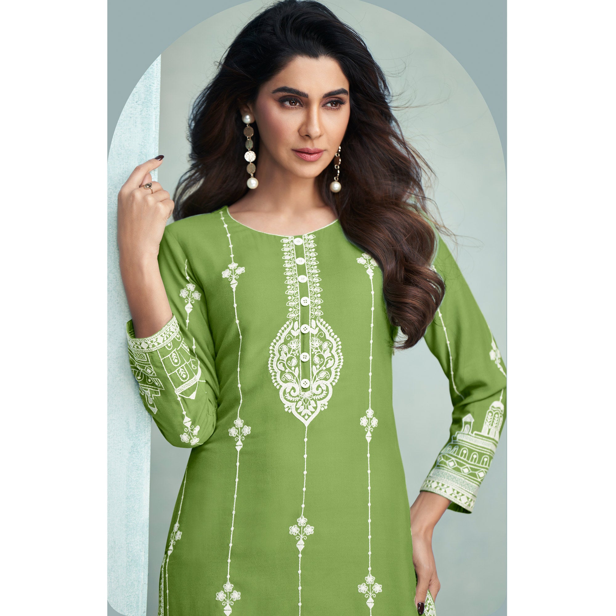 Green Lucknowi Embroidered Rayon Kurti