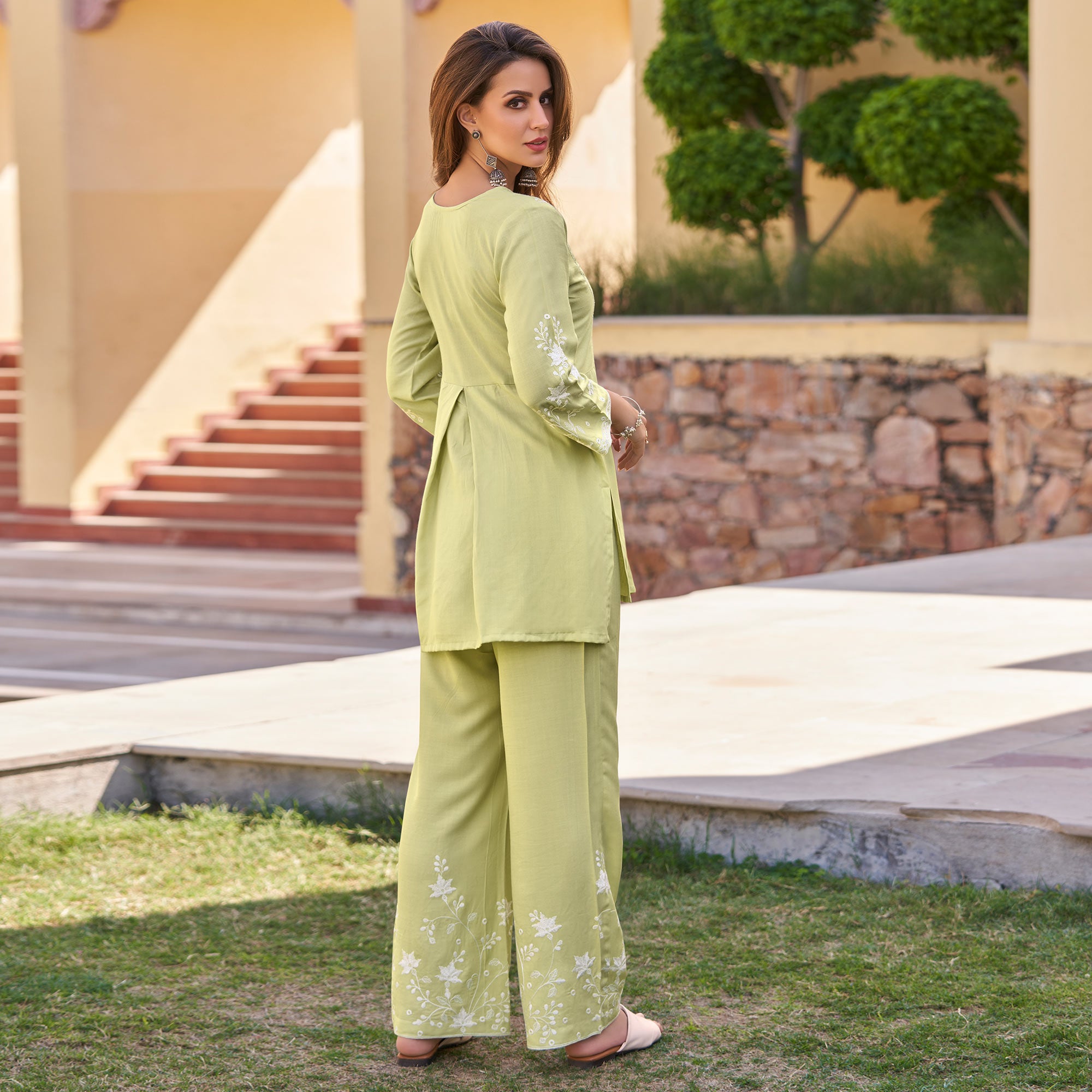 Pista Green Floral Embroidered Rayon Co Ord Set