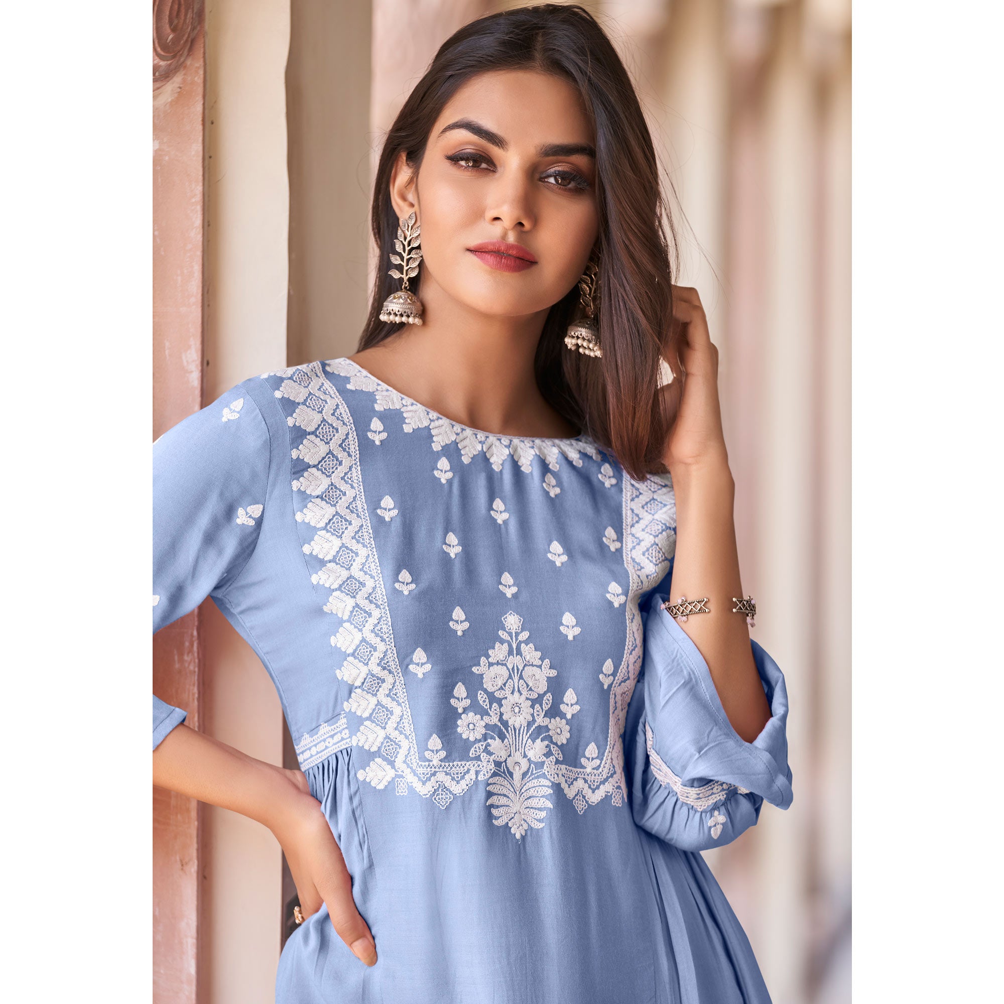 Blue Floral Embroidered Rayon Co Ord Set