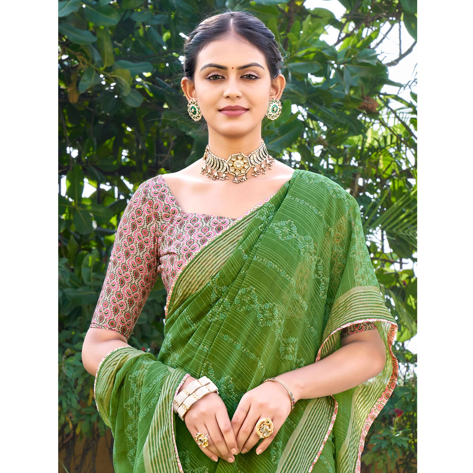 Green Printed Chiffon Saree