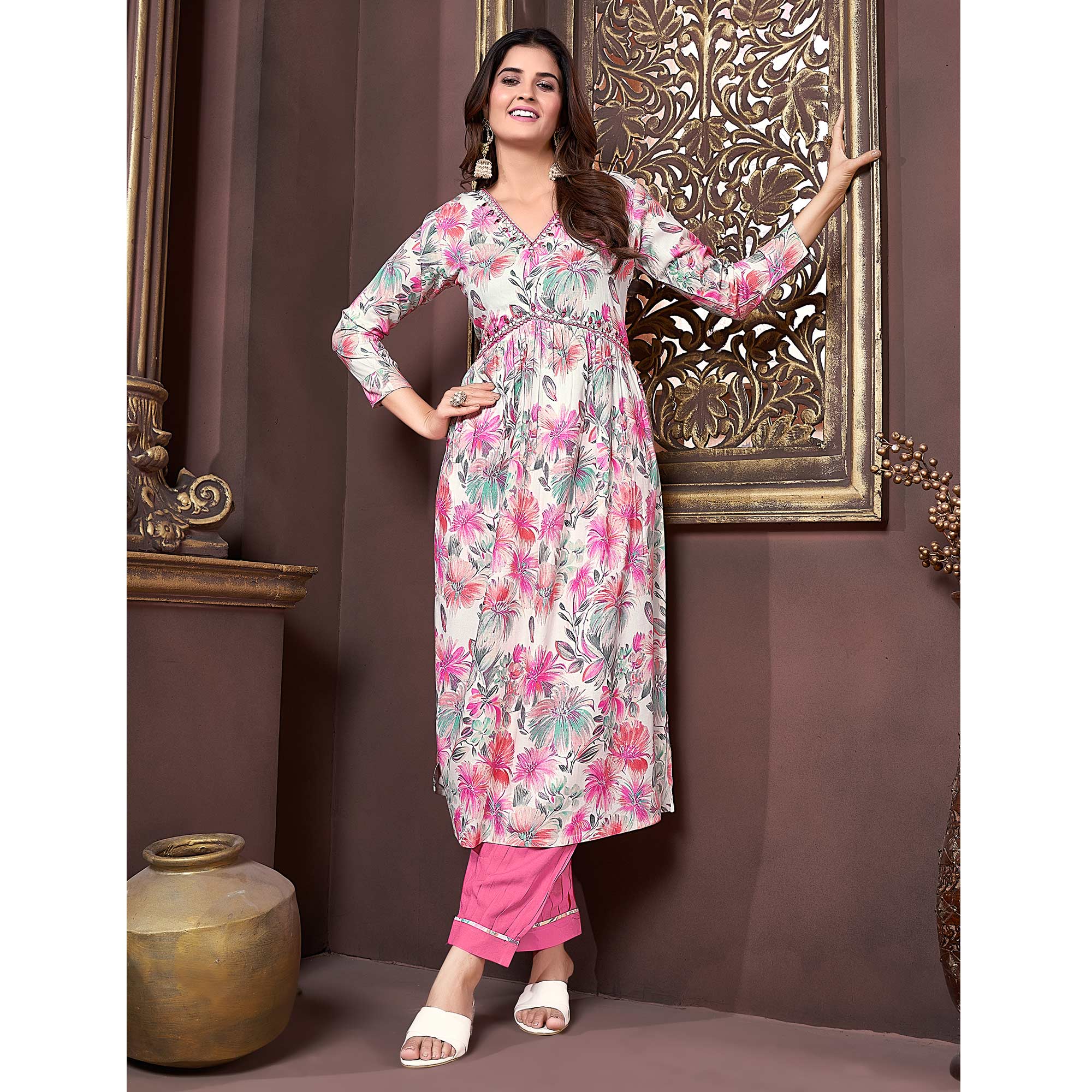 Off White & Pink Floral Printed Rayon Alia Cut Salwar Suit