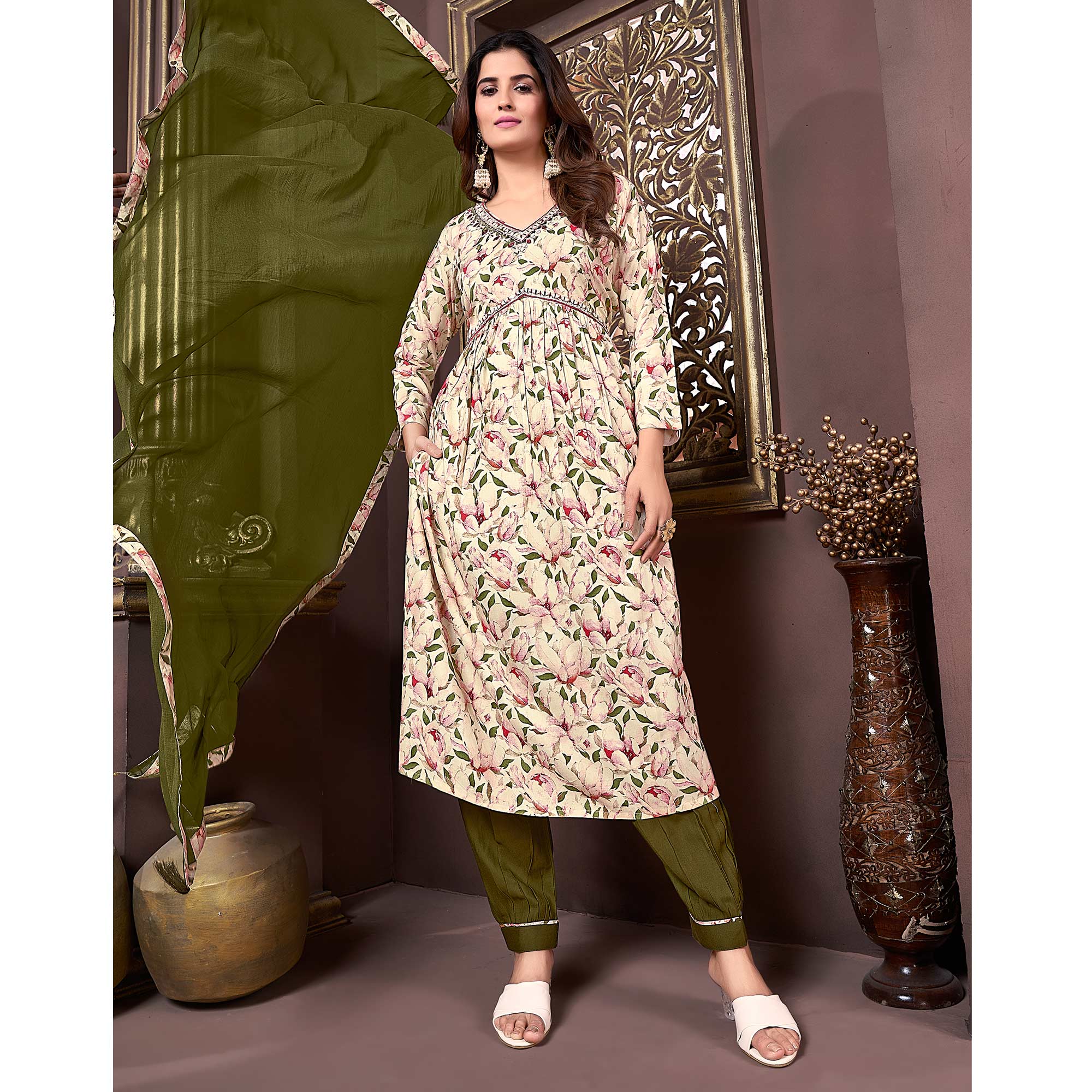 Beige & Green Floral Printed Rayon Alia Cut Salwar Suit