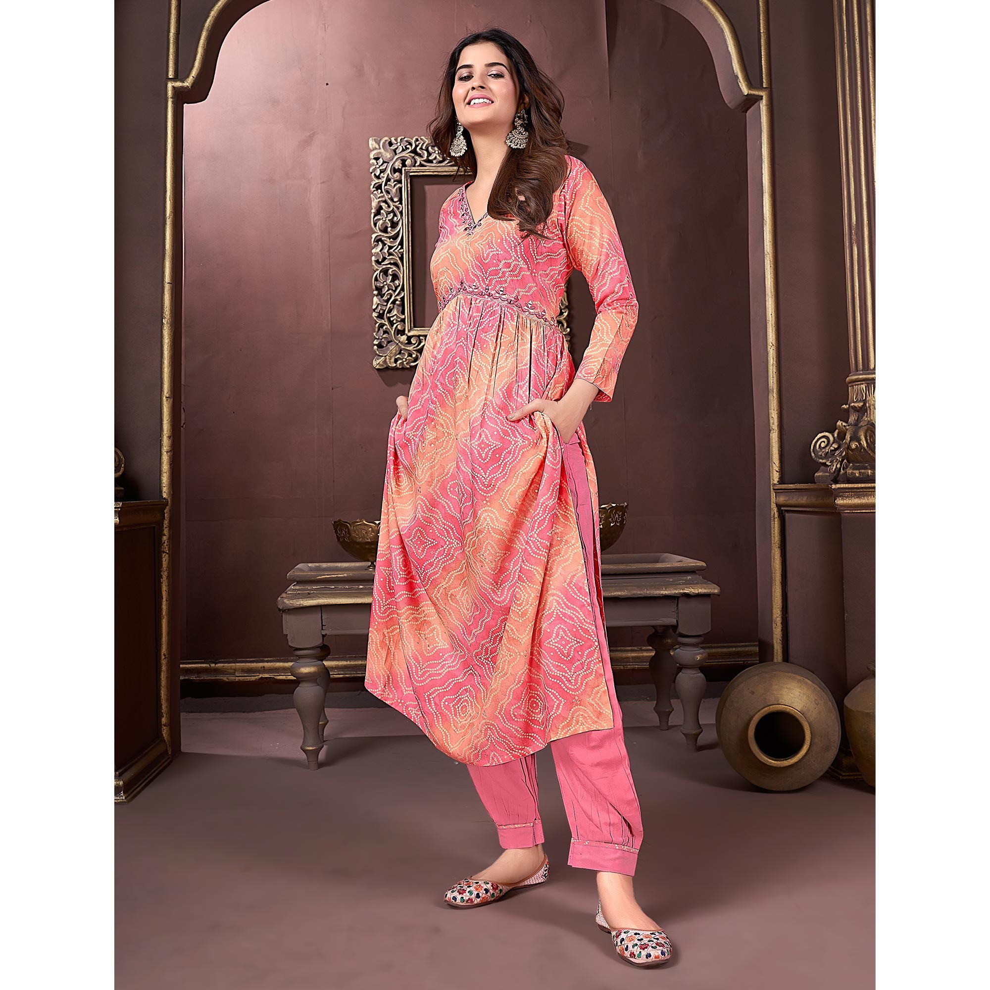 Pink & Peach Floral Printed Rayon Alia Cut Salwar Suit