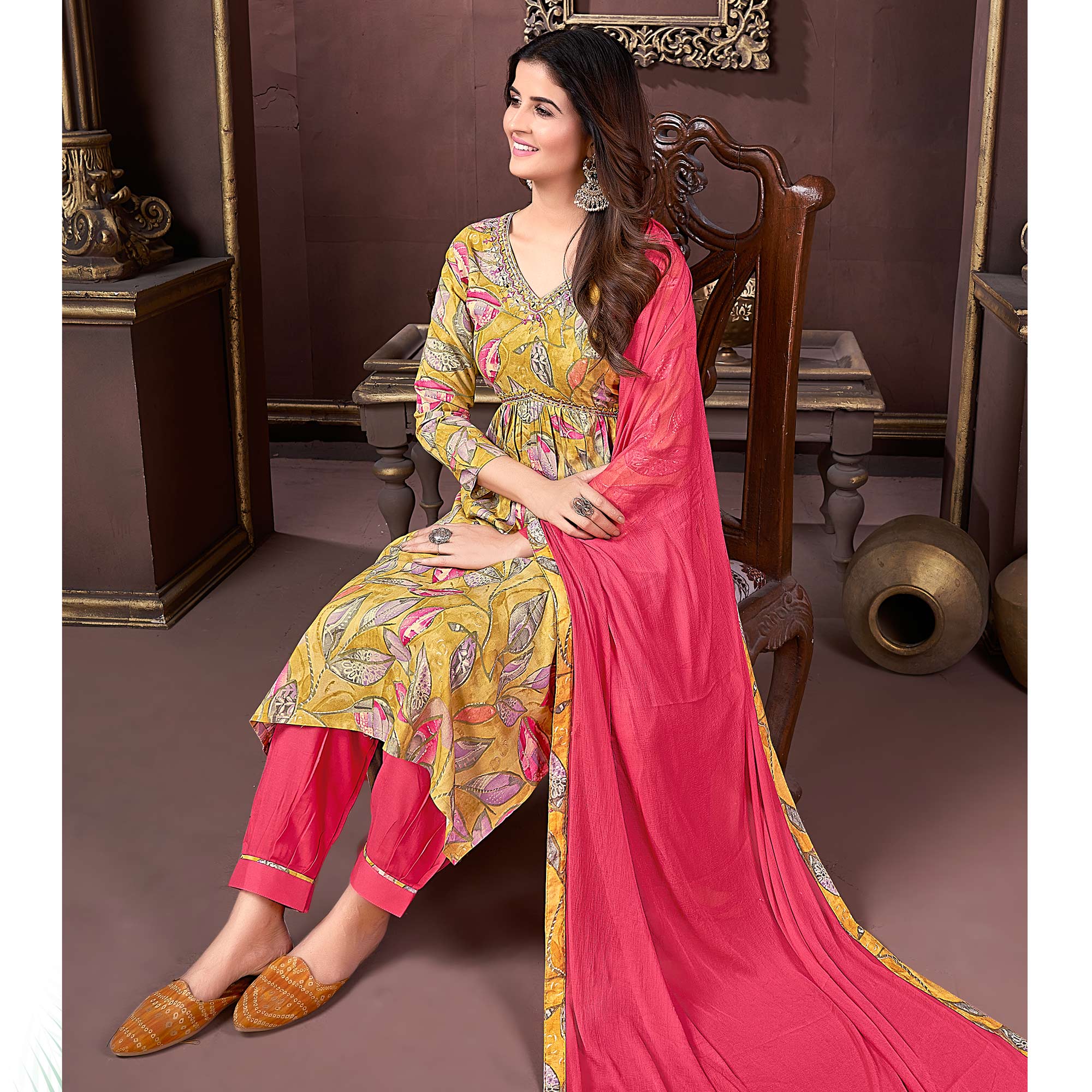 Mustard Floral Printed Rayon Alia Cut Salwar Suit
