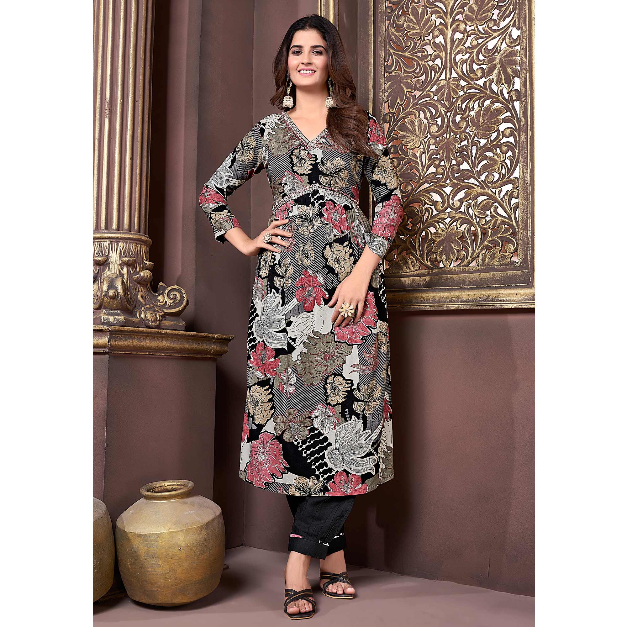 Black Floral Printed Rayon Alia Cut Salwar Suit