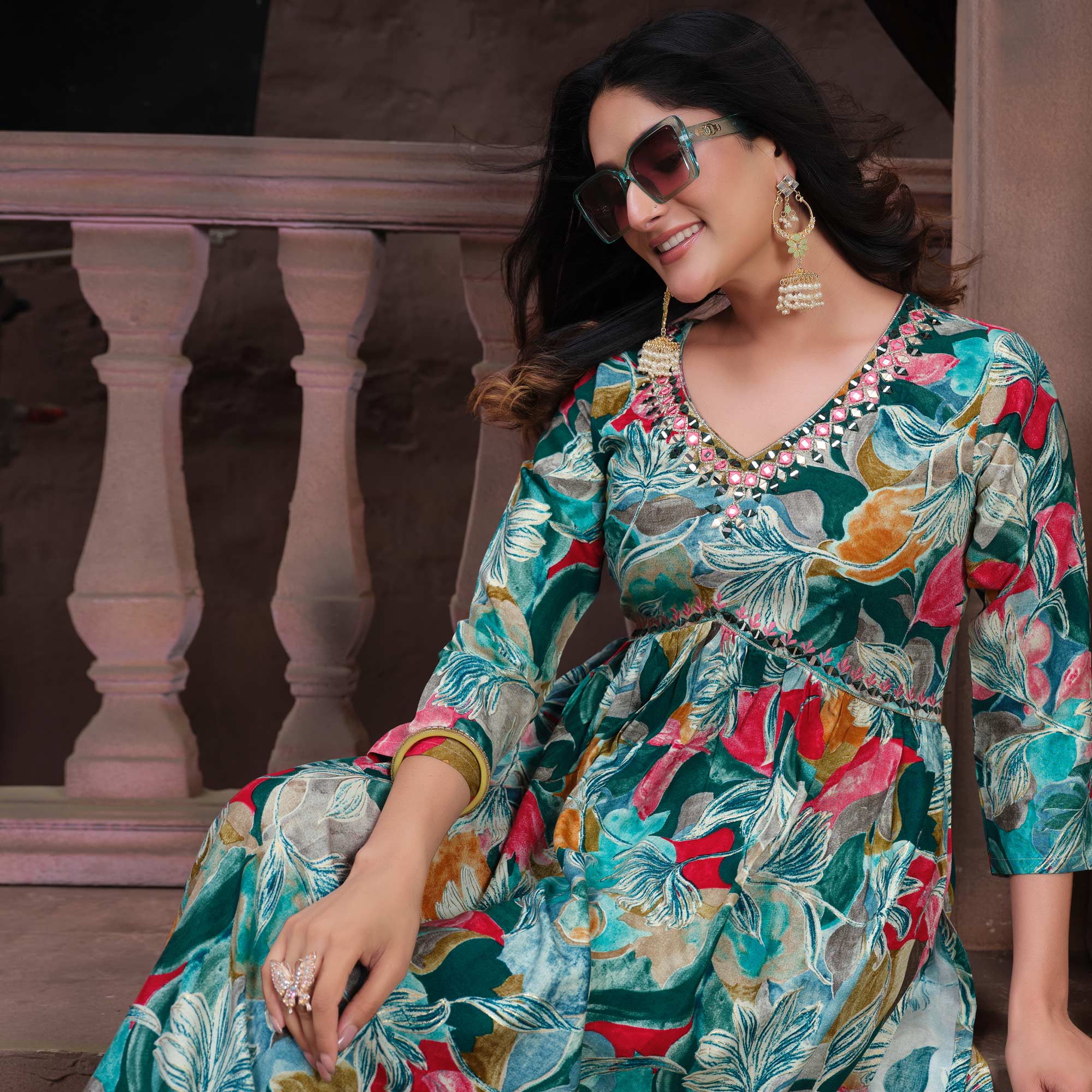 Green Floral Printed Rayon Alia Cut Salwar Suit