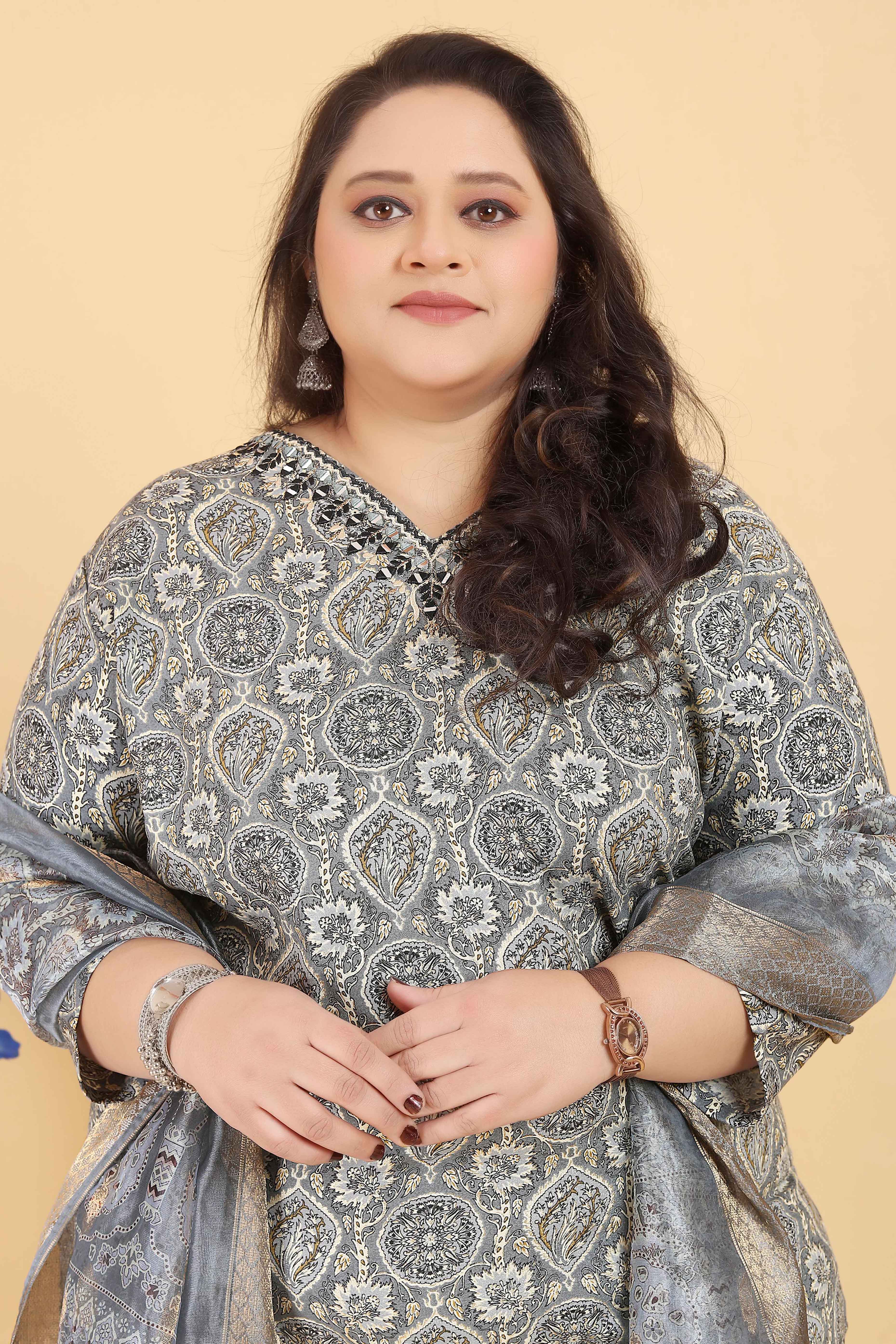 Grey Rayon Straight Salwar Suit Set with Delicate Floral Prints & Side Pockets