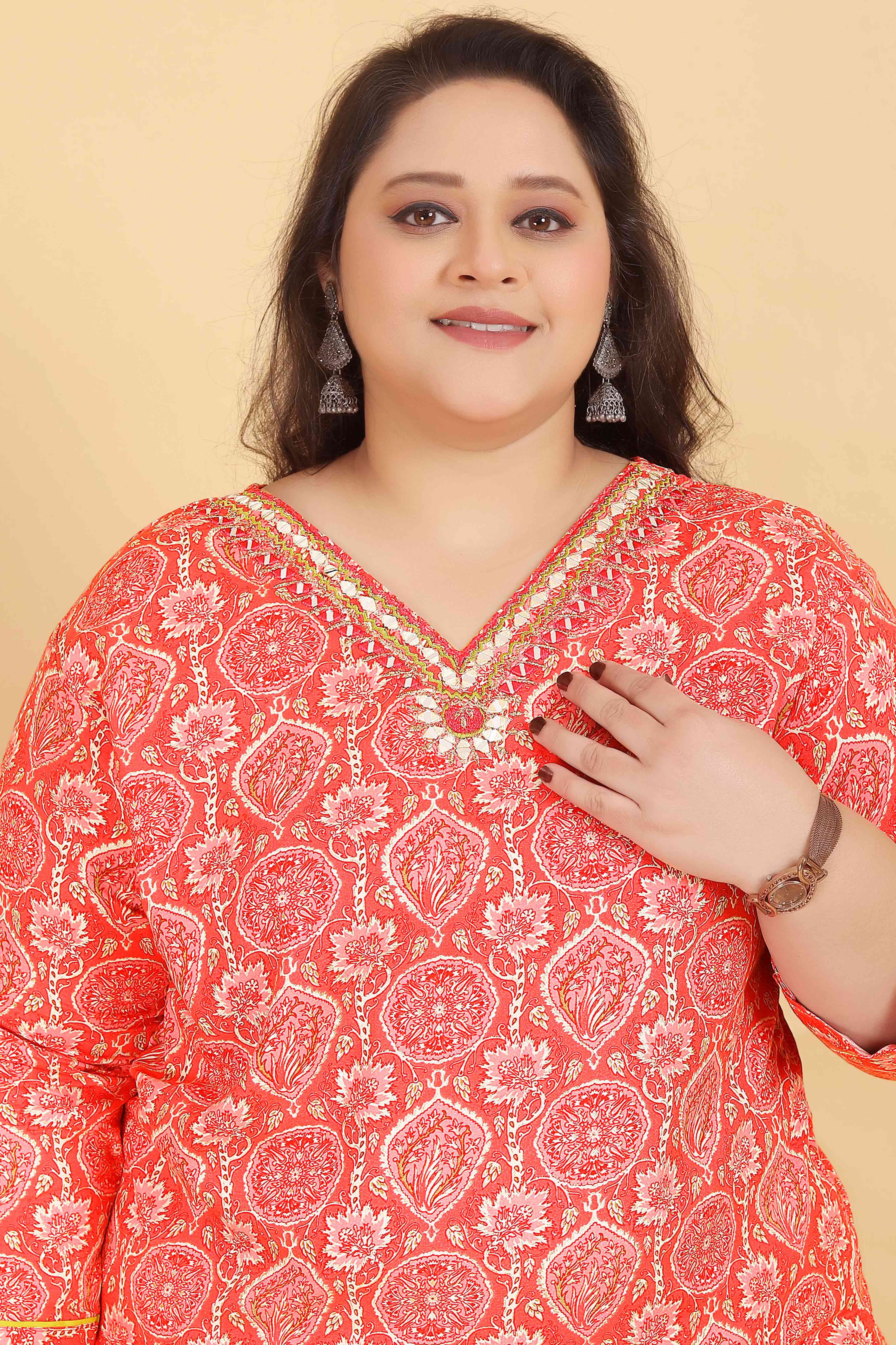 Orange Rayon Straight Salwar Suit Set with Delicate Floral Prints & Side Pockets