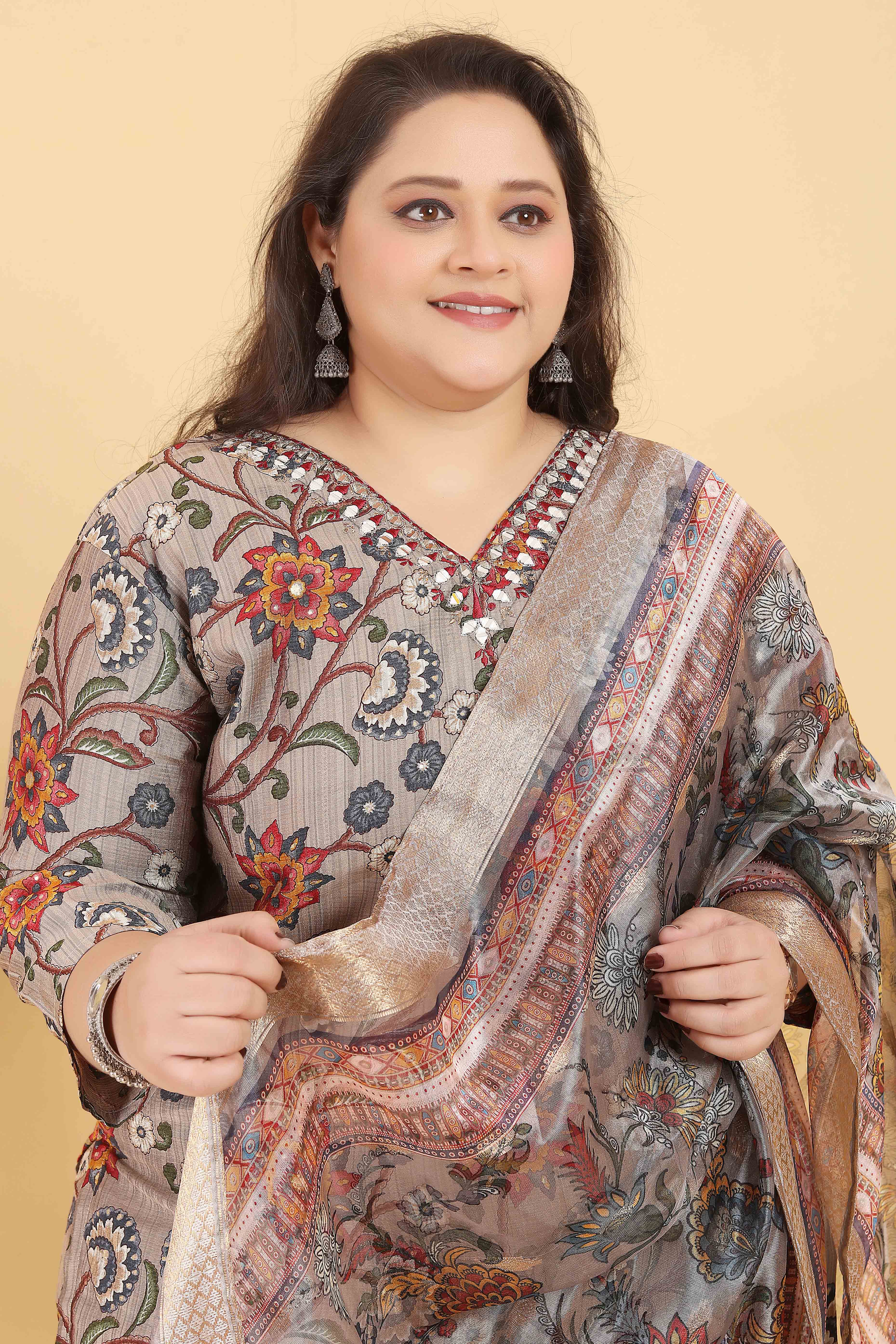 Grey Floral Foil Printed With Mirror Handwork Viscose Salwar Suit