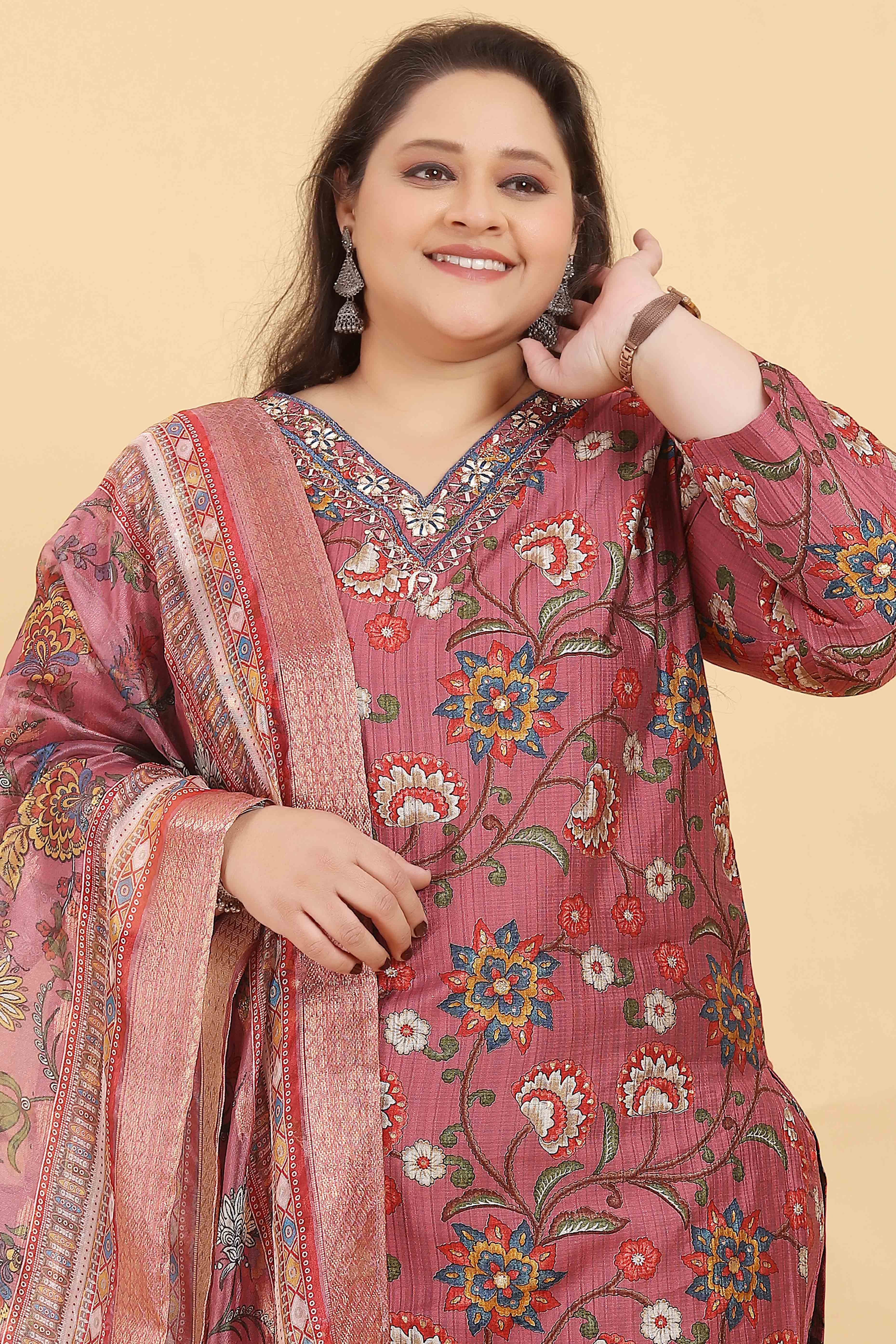 Onion Pink Floral Foil Printed With Mirror Handwork Viscose Salwar Suit