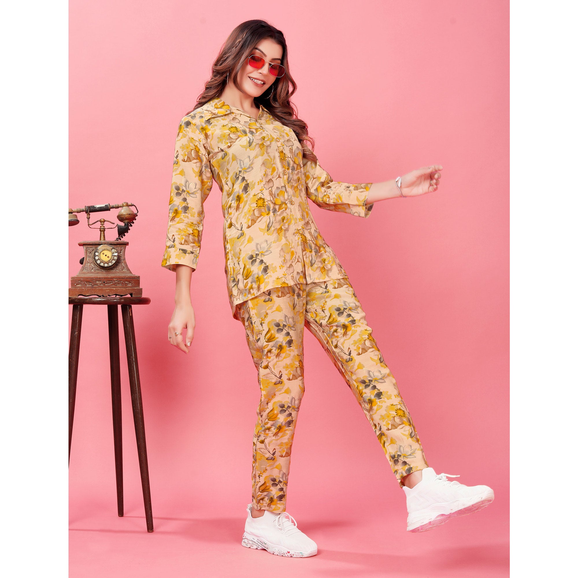 Yellow Floral Printed Rayon Co Ord Set