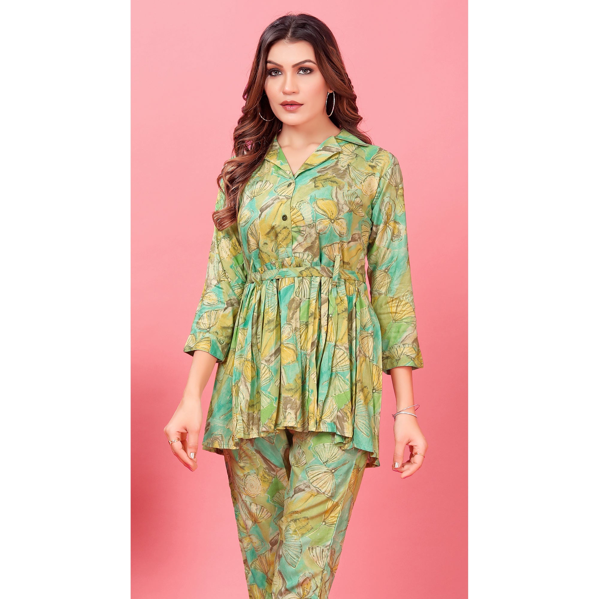 Green Floral Printed Rayon Co Ord Set