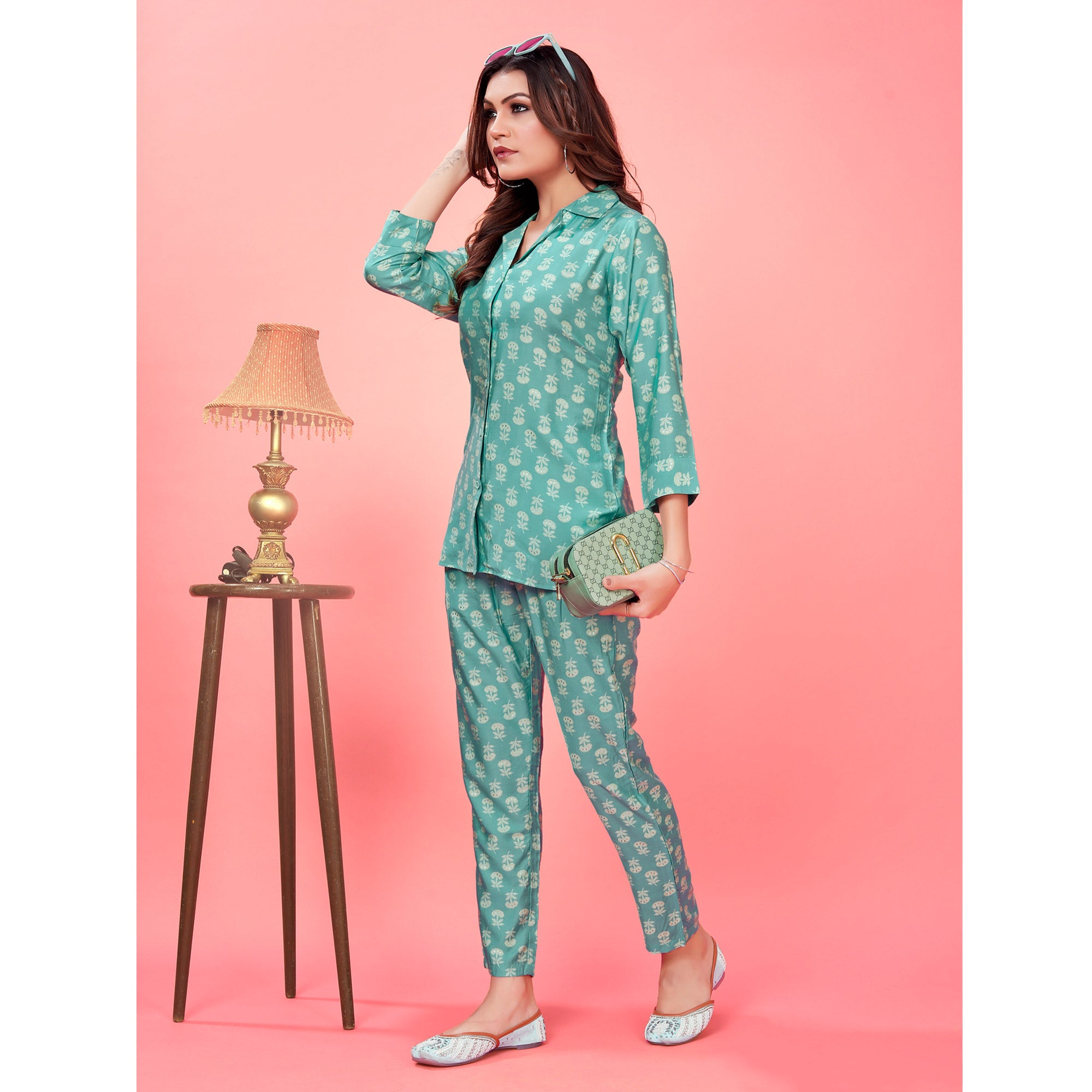 Turquoise Floral Printed Pure Silk Co Ord Set