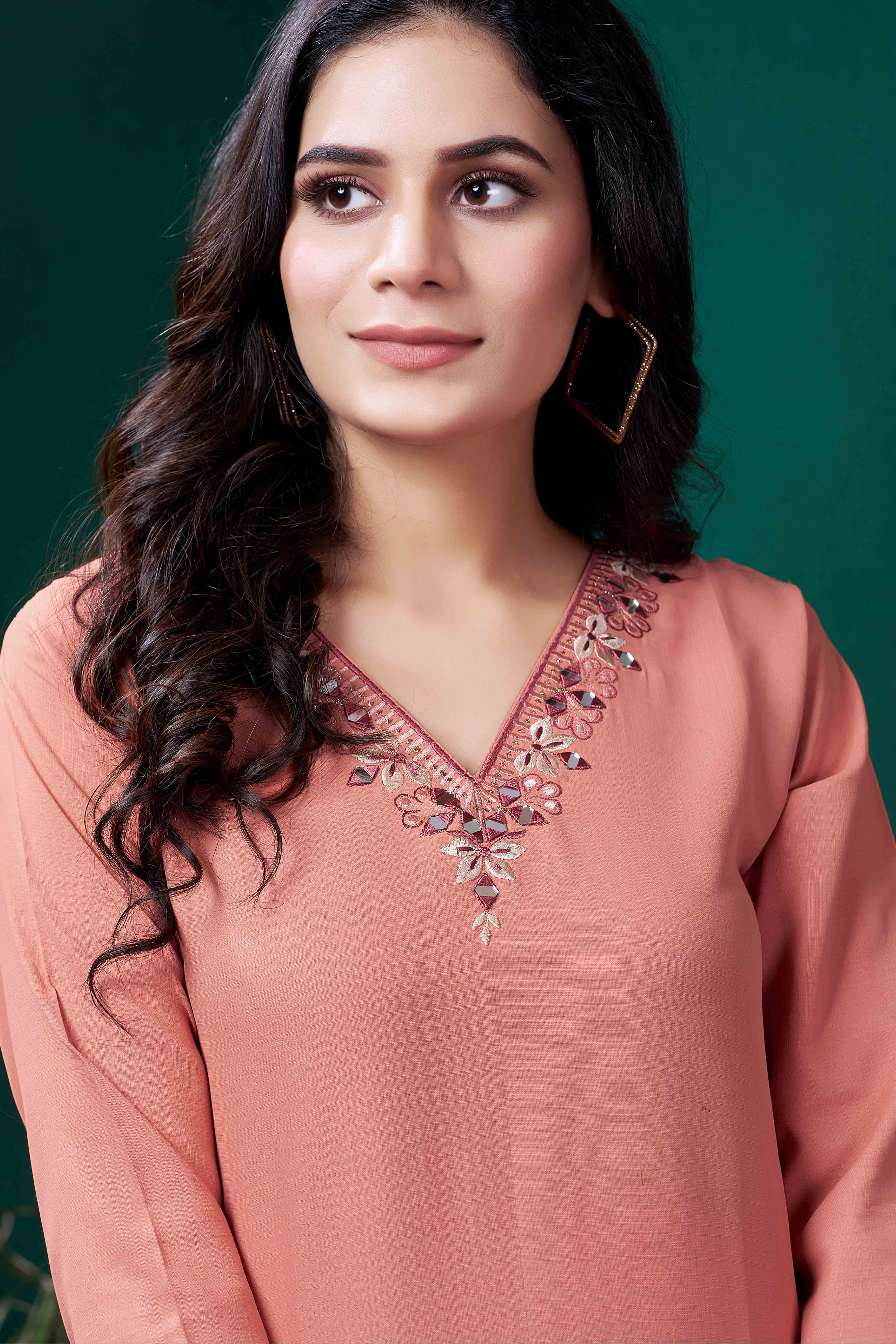 Peach Yoke Embroidered Pure Cotton Straight Kurti