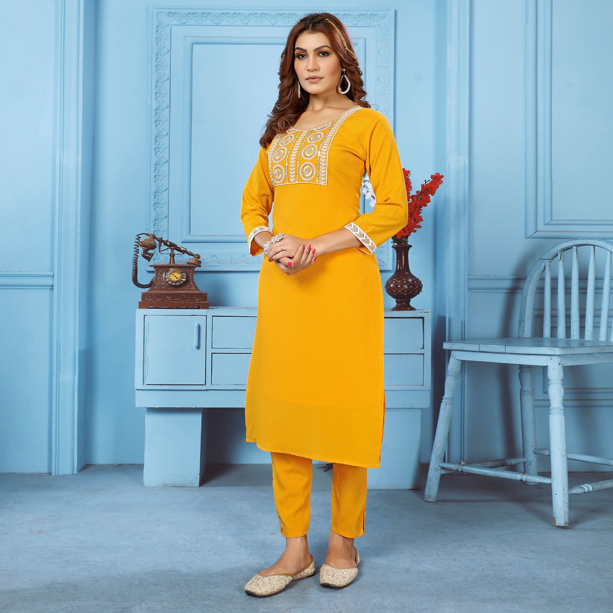 Yellow Sequins Embroidered Cotton Blend Kurti Pant Set