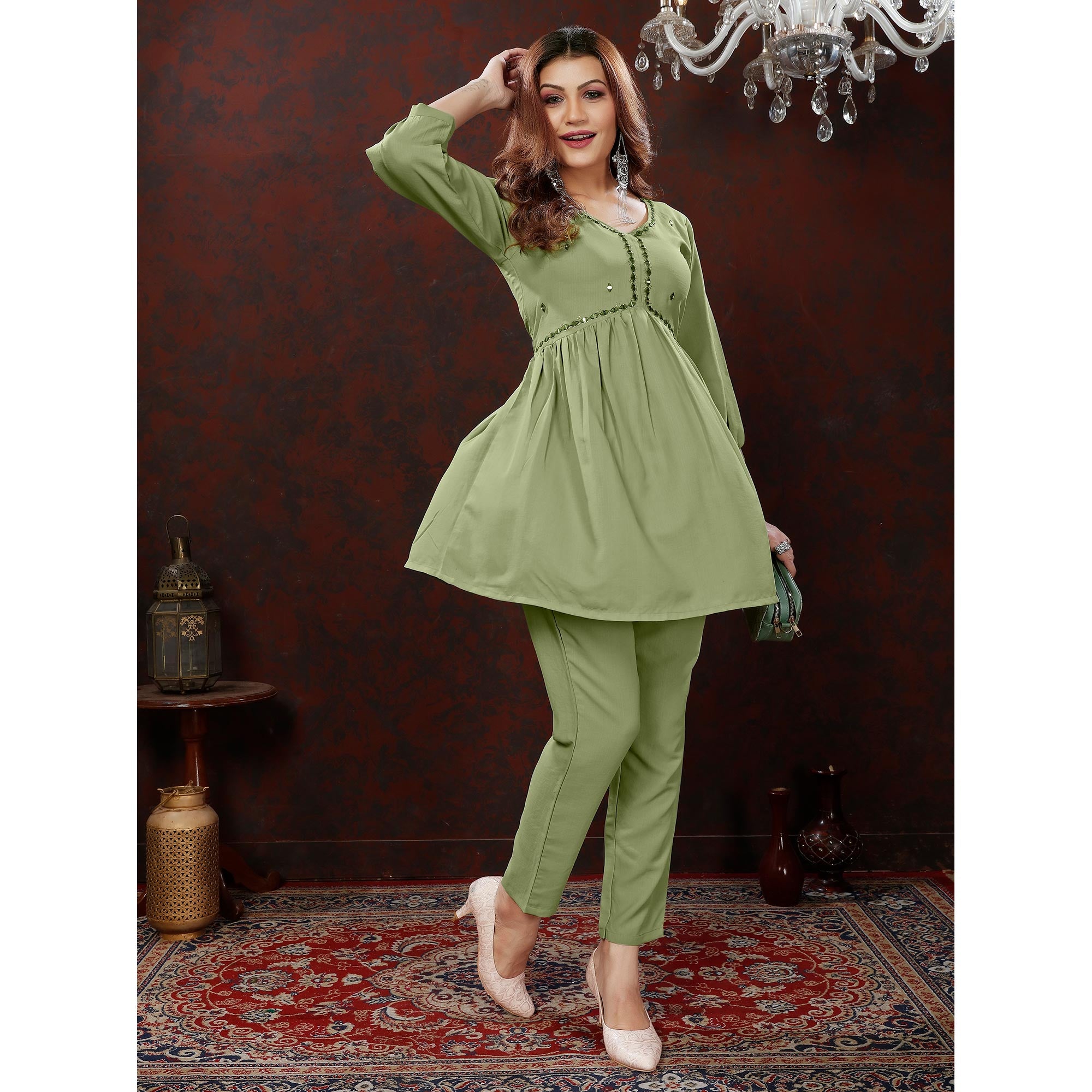 Green Embroidered Cotton Blend Co Ord Set
