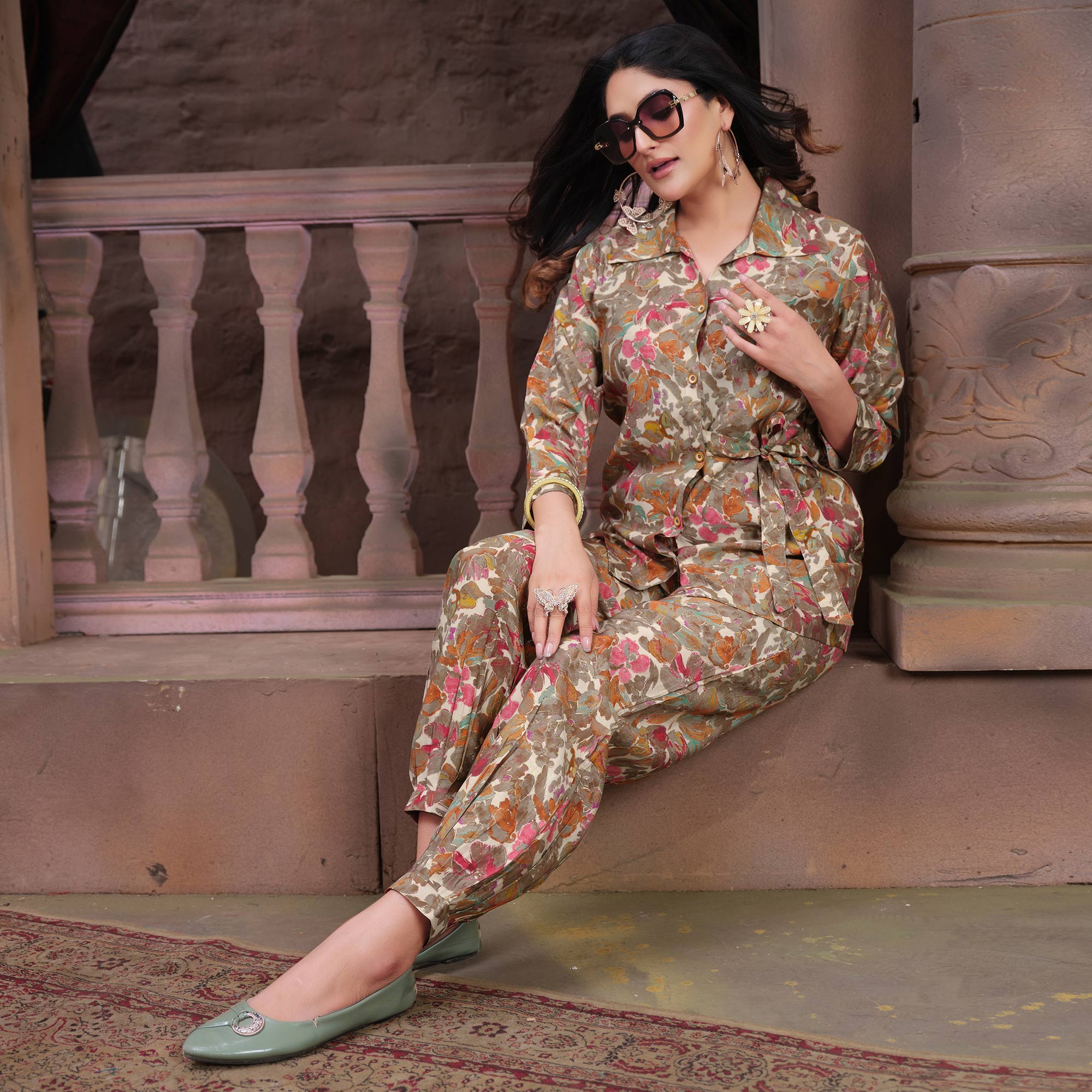 Brown Floral Printed Chanderi Co Ord Set