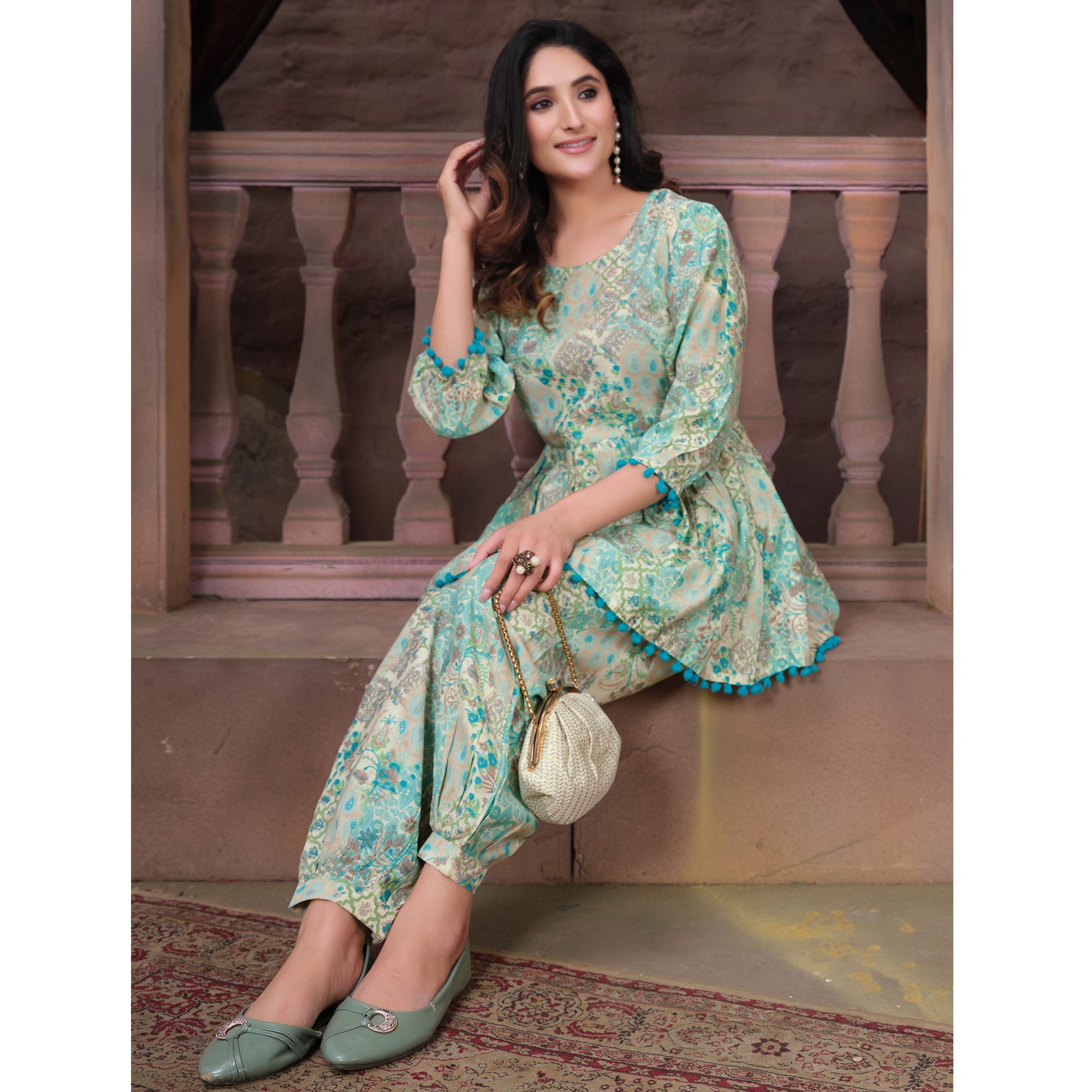 Turquoise Floral Printed Chanderi Co Ord Set