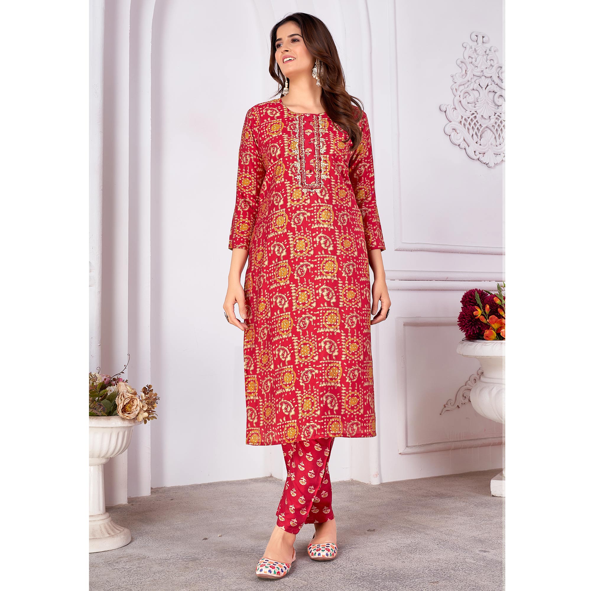 Red Foil Printed Viscose Straight Kurti Sets