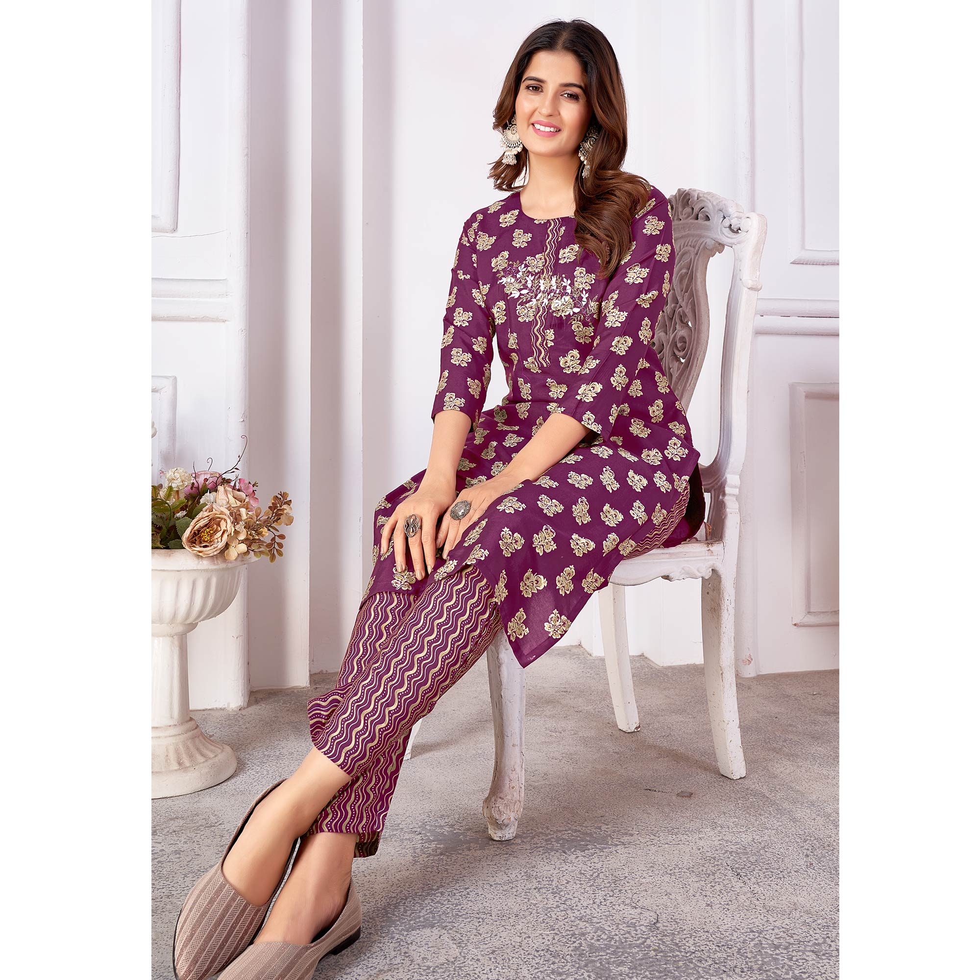 Purple Foil Printed Viscose Straight Kurti Sets