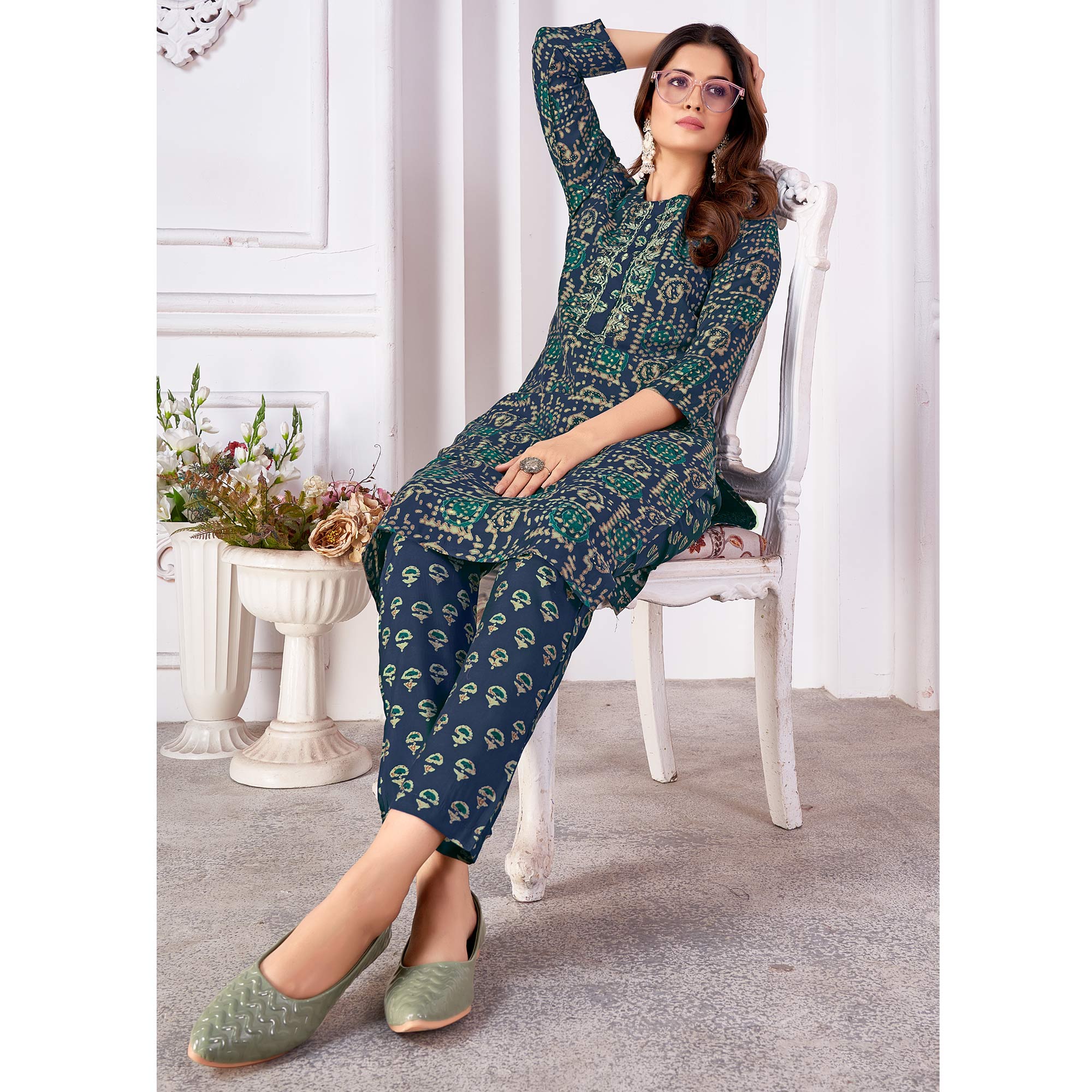 Navy Blue Foil Printed Viscose Straight Kurti Sets
