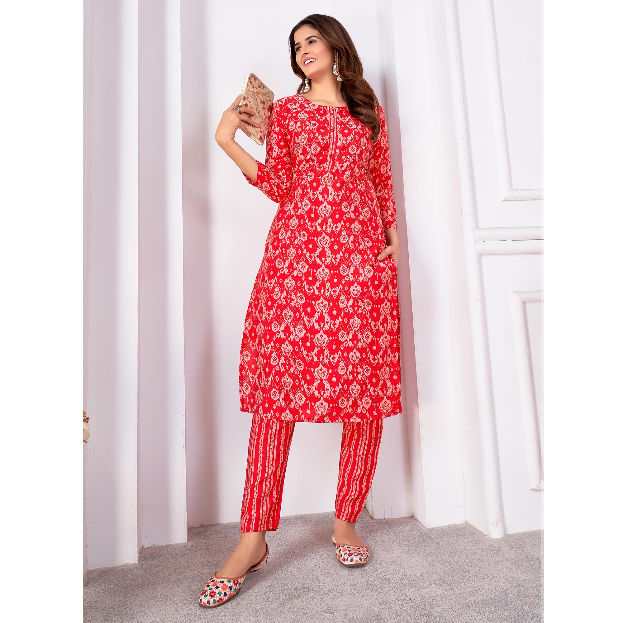 Red Foil Printed Viscose Straight Kurti Sets