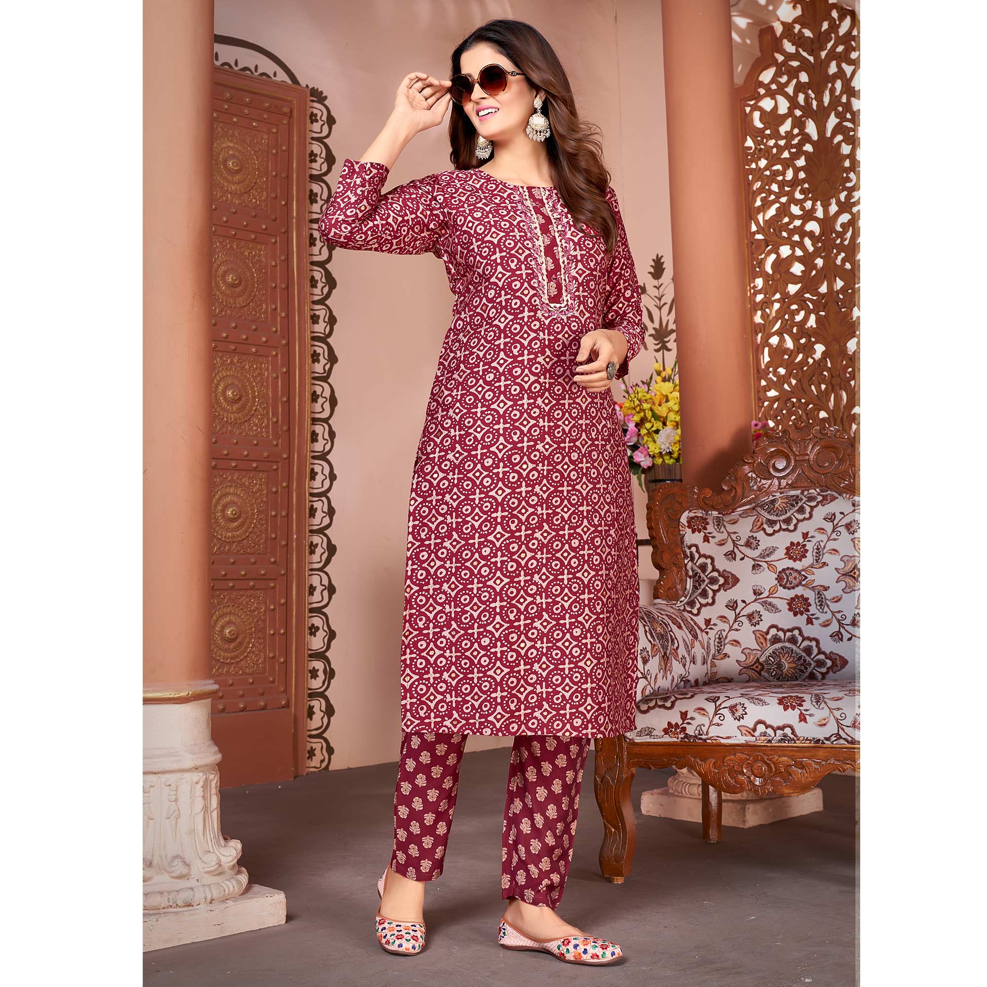 Magenta Foil Printed Viscose Straight Kurti Sets