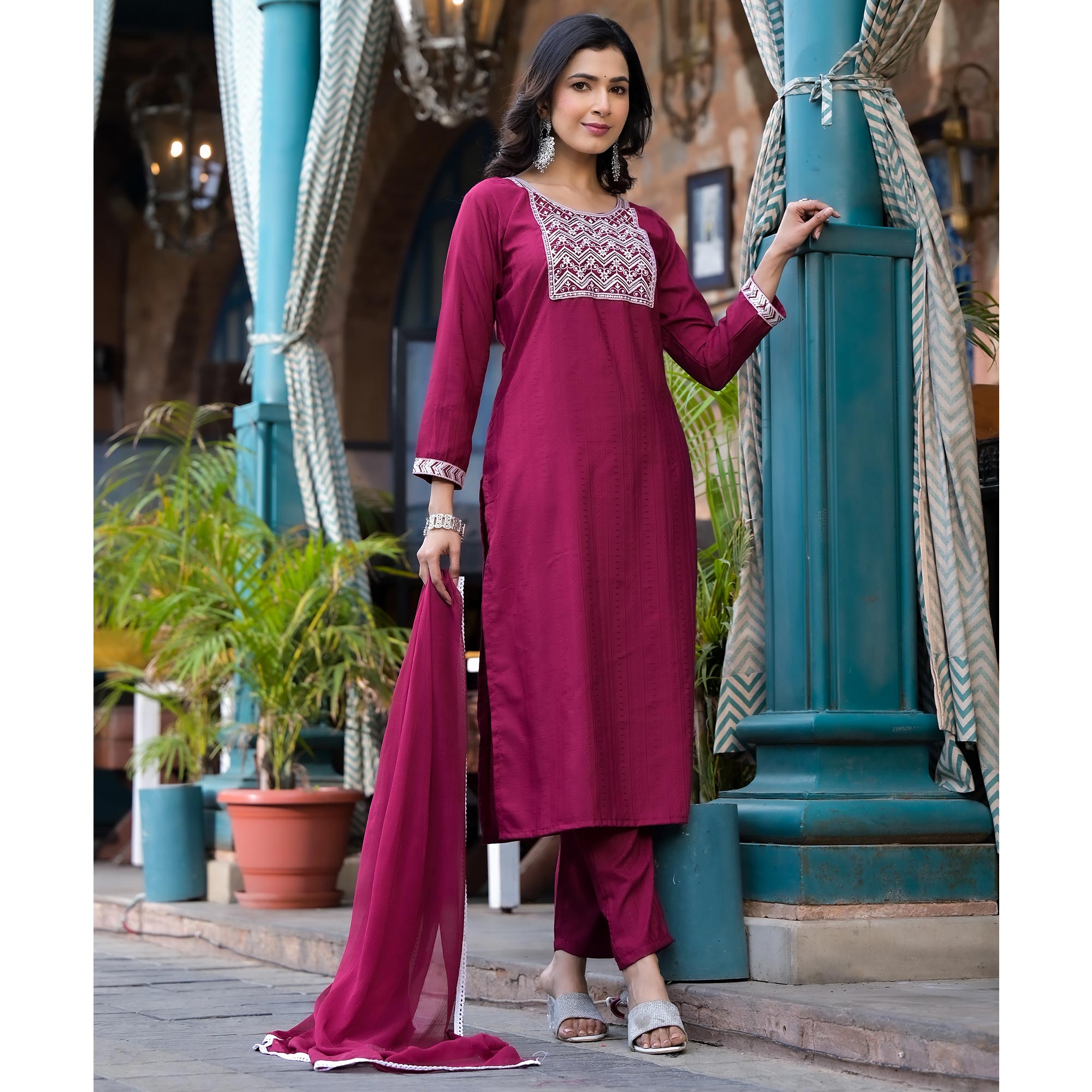 Wine Embroidered Pure Cotton Straight Salwar Suit
