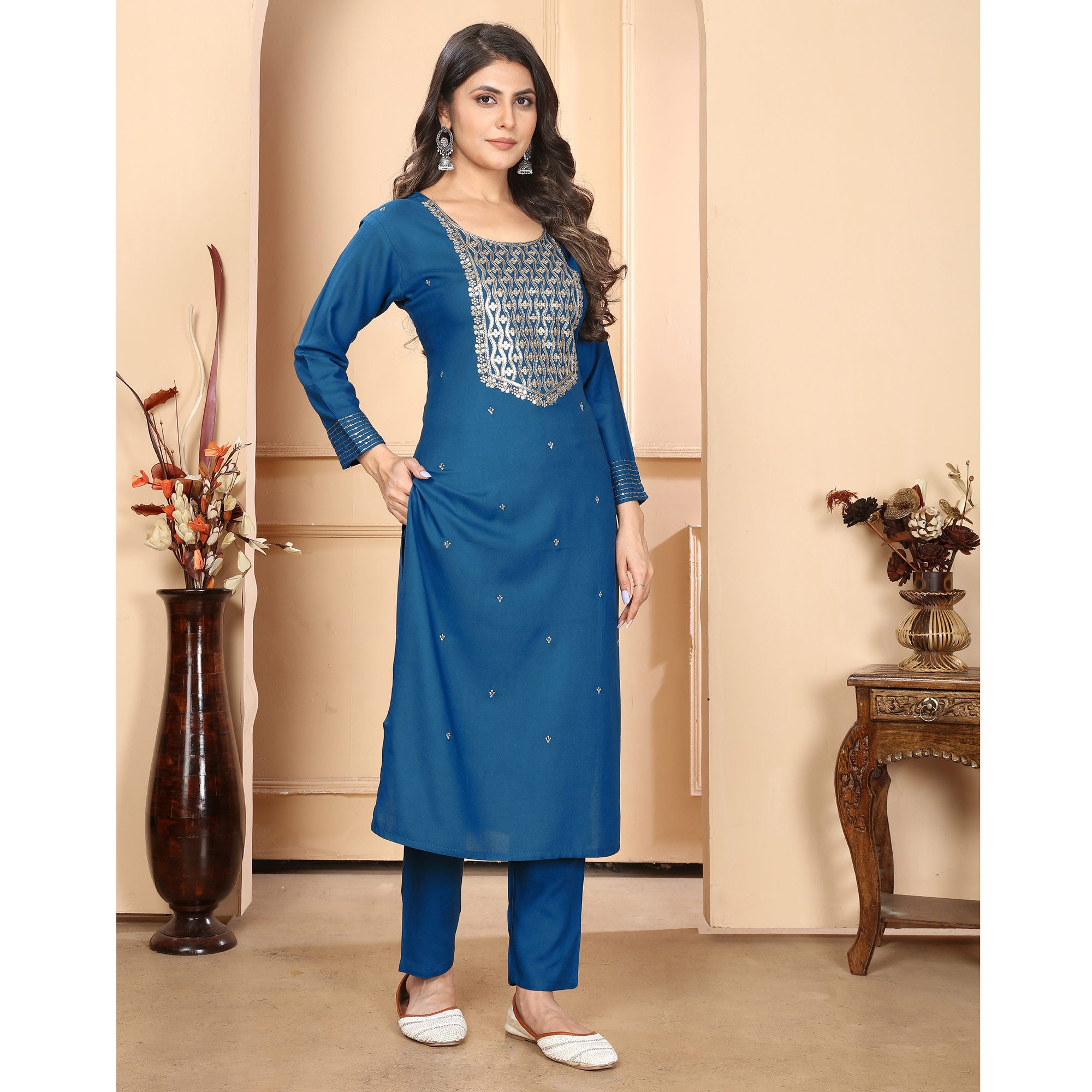 Blue Sequins Embroidered Rayon Straight Salwar Suit