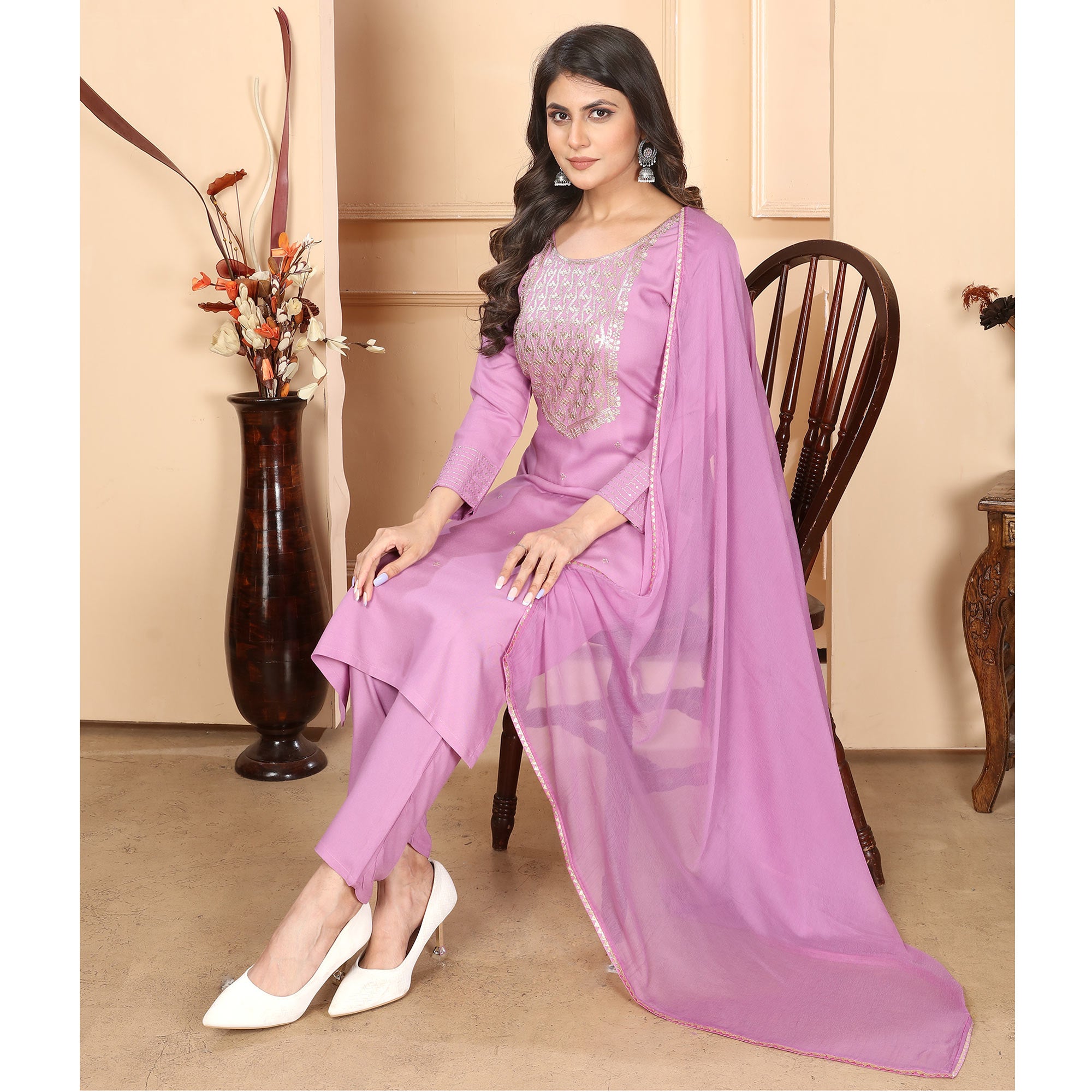 Pink Sequins Embroidered Rayon Straight Salwar Suit