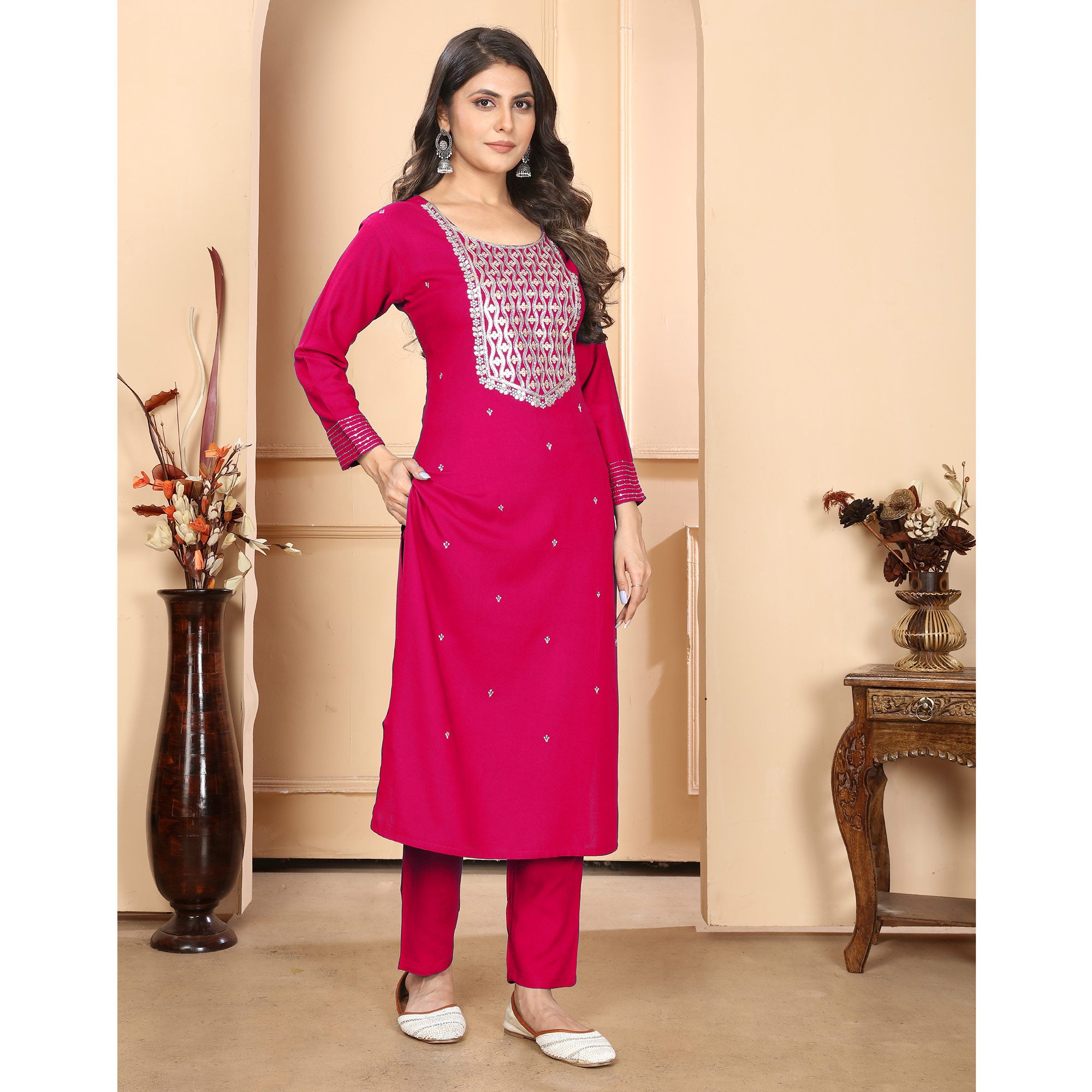 Pink Sequins Embroidered Rayon Straight Salwar Suit
