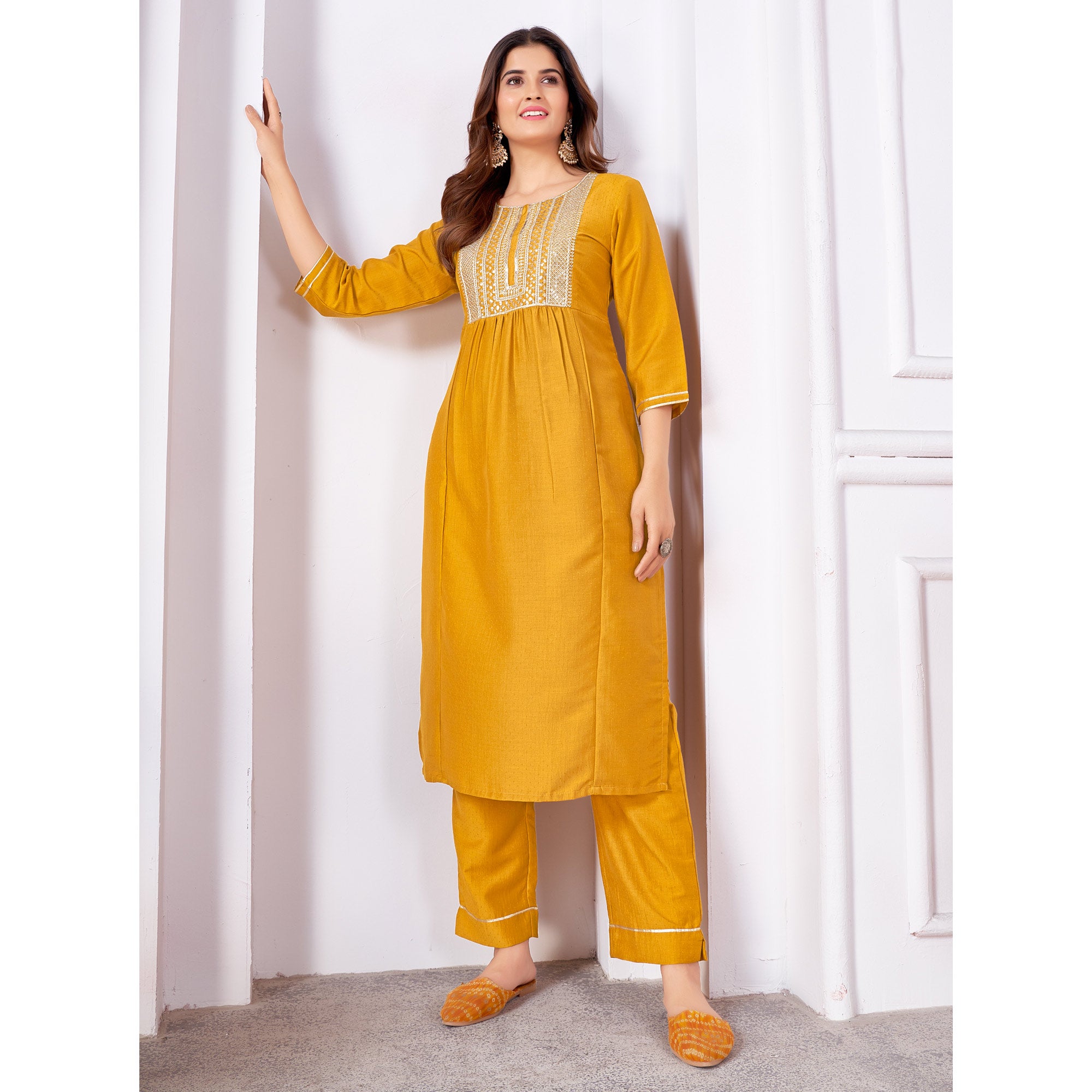 Mustard Embroidered Art Silk Salwar Suit