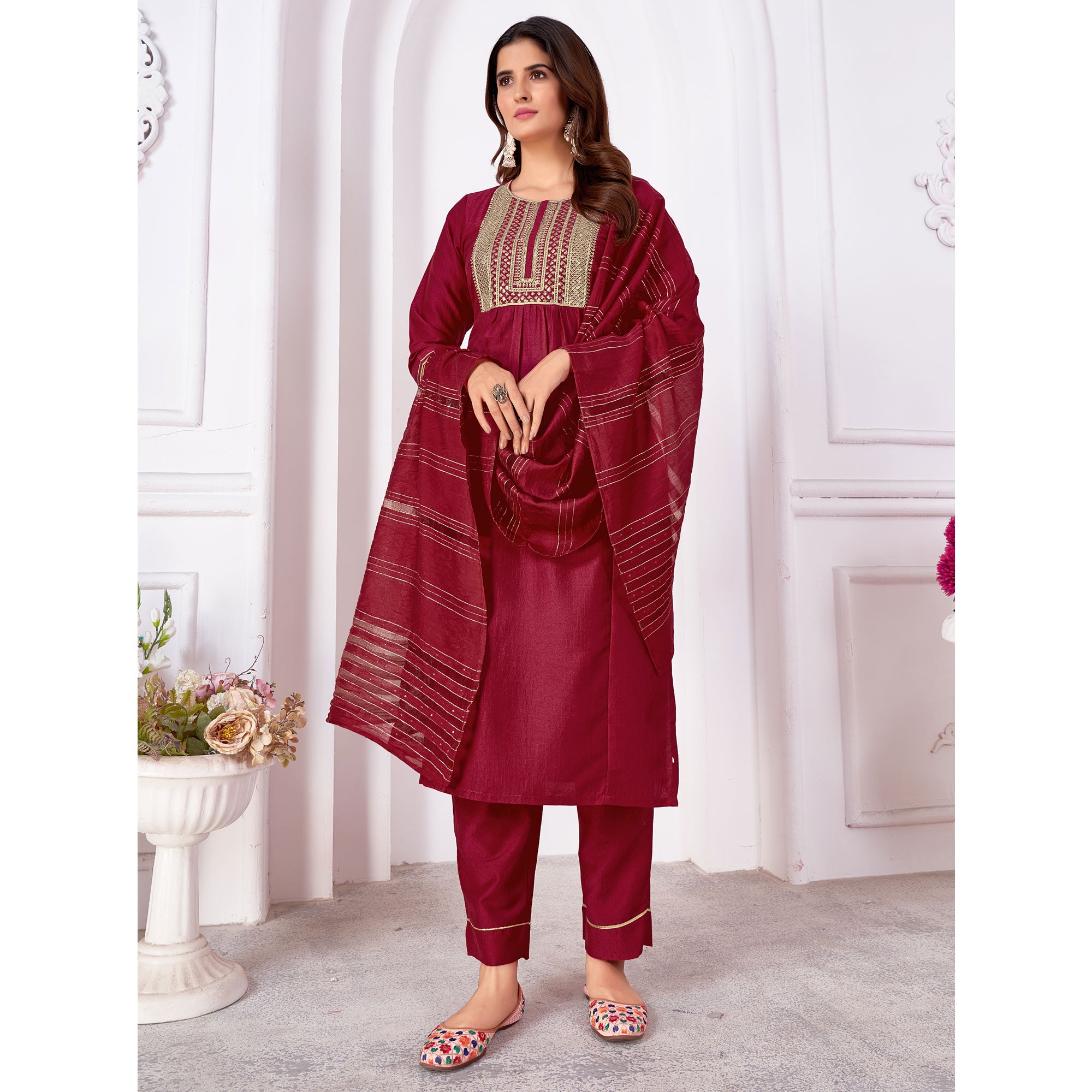 Maroon Embroidered Art Silk Salwar Suit